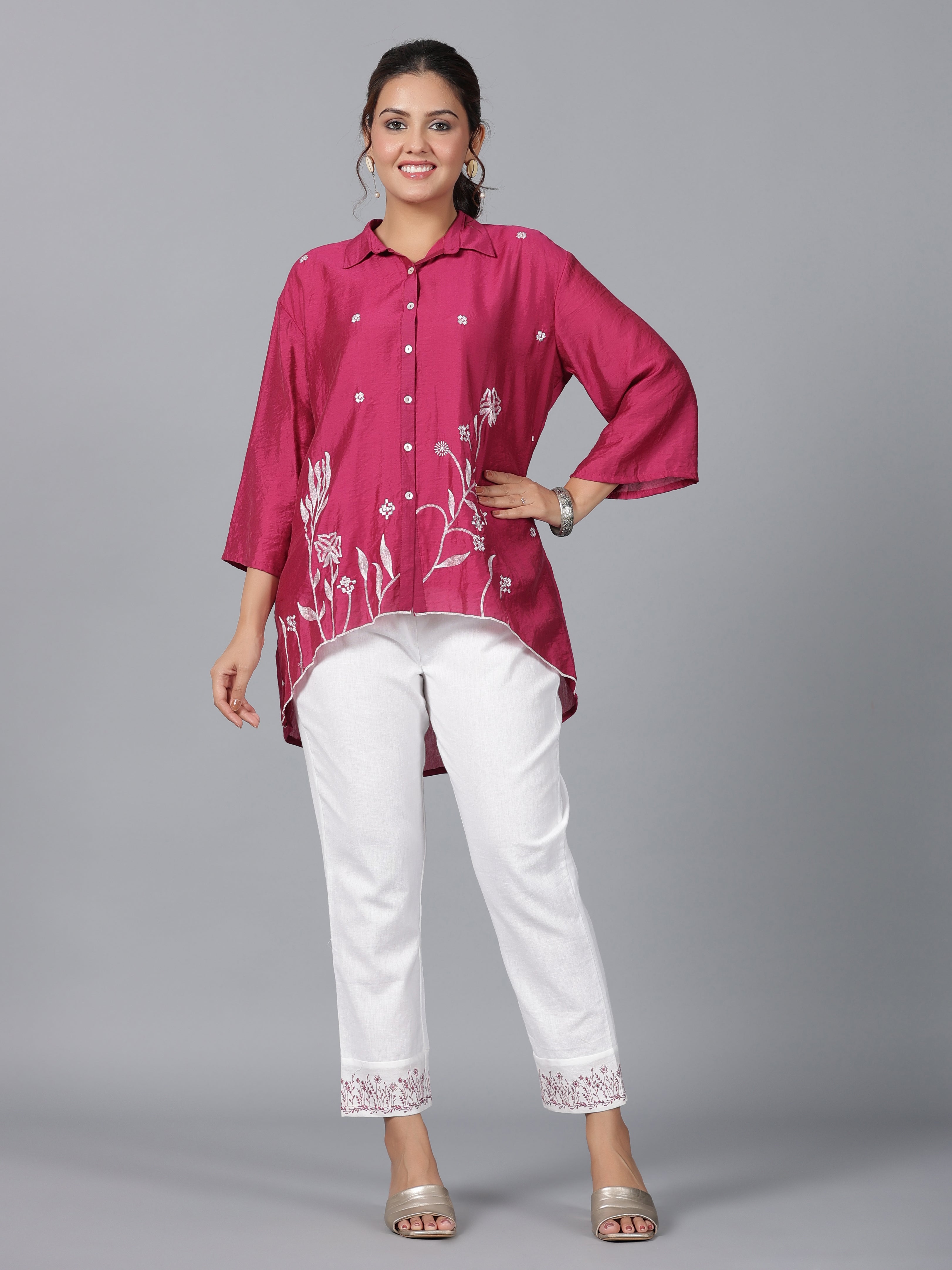 Juniper Women Fuchsia Chanderi Embroidered Clothing Set