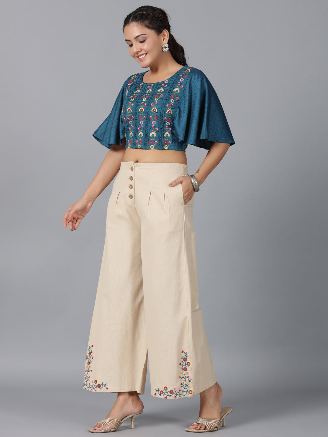 Juniper Women Blue Rayon Embroidered Clothing Set