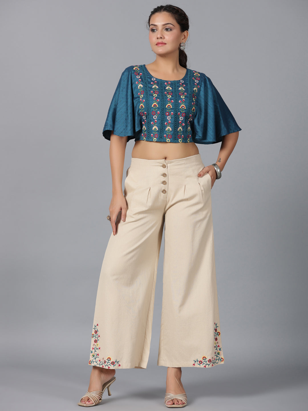 Juniper Women Blue Rayon Embroidered Co-ord  Set