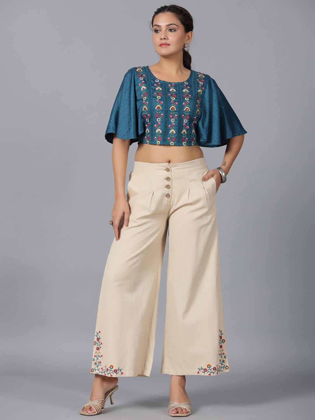 Juniper Women Blue Rayon Embroidered Clothing Set