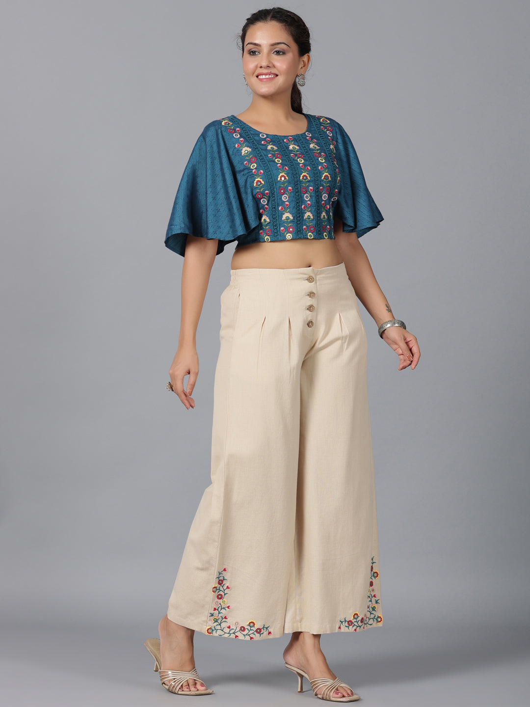 Juniper Women Blue Rayon Embroidered Co-ord  Set