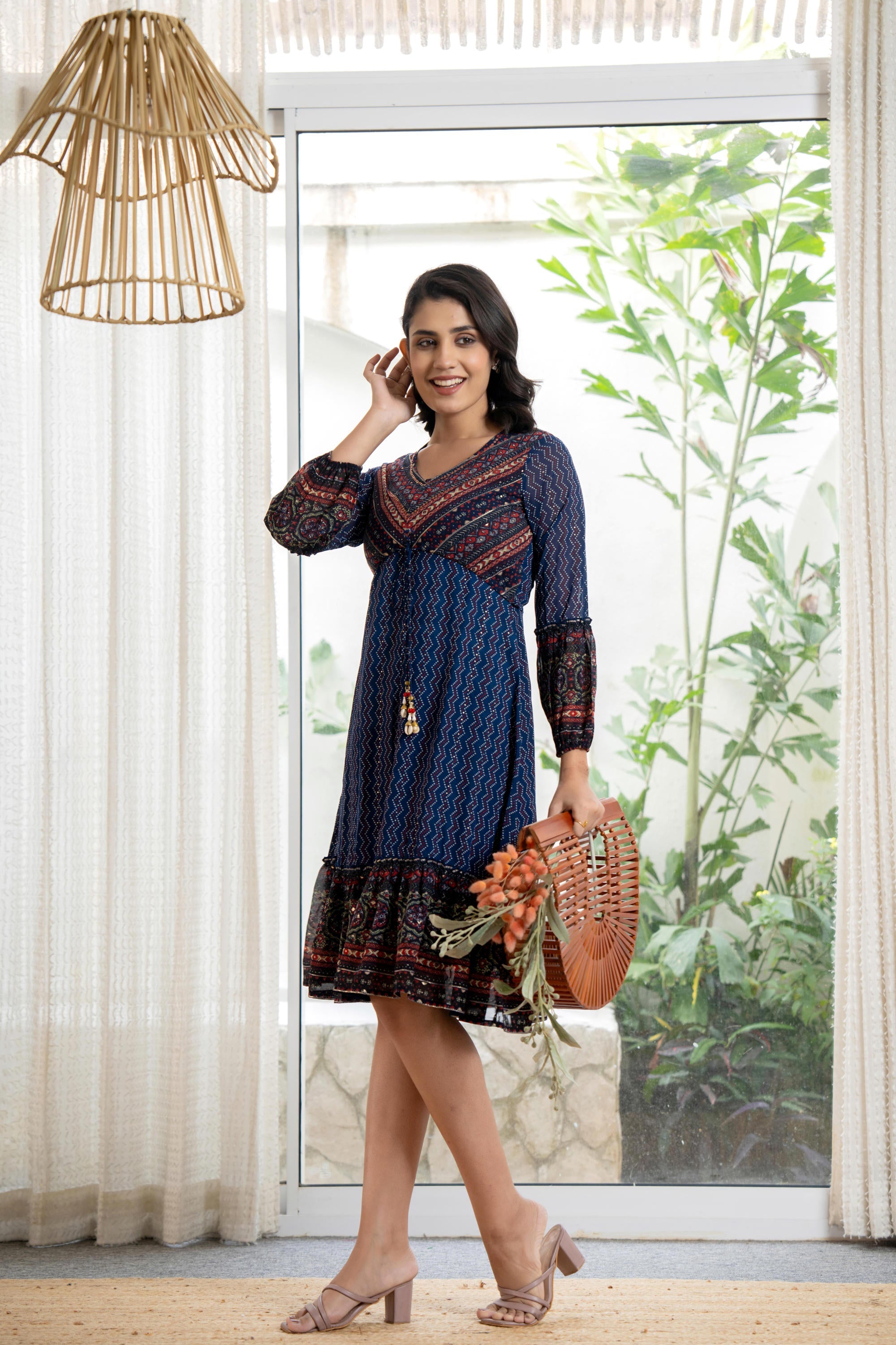 Navy Ethnic Motif Printed Georgette Dress With Sequins & Doris