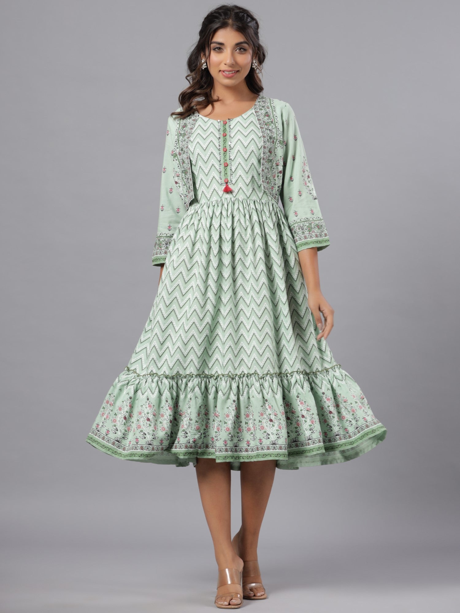 Juniper Women Sage Green LIVA Rayon Printed Jacket Style Midi Dress