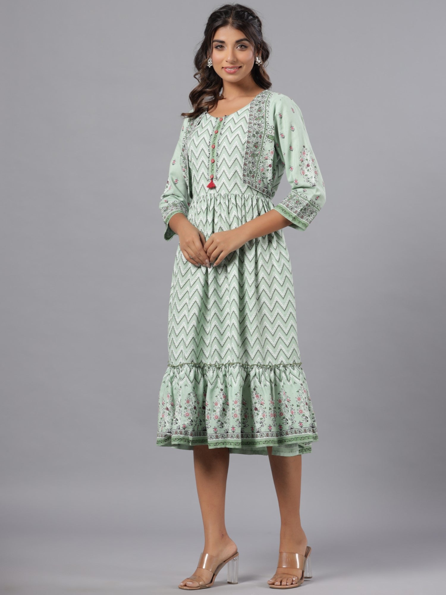 Juniper Women Sage Green LIVA Rayon Printed Jacket Style Midi Dress