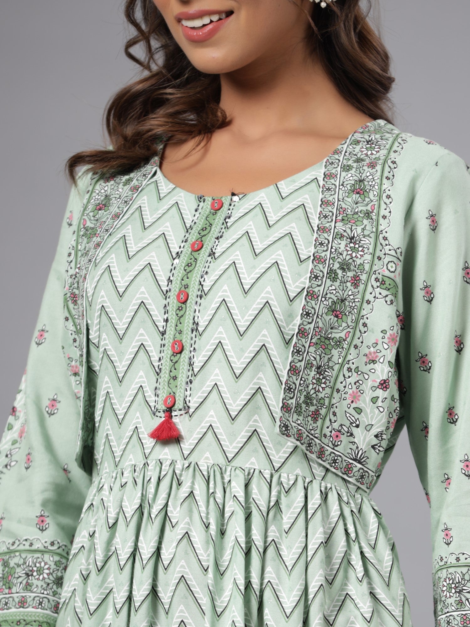 Juniper Women Sage Green LIVA Rayon Printed Jacket Style Midi Dress