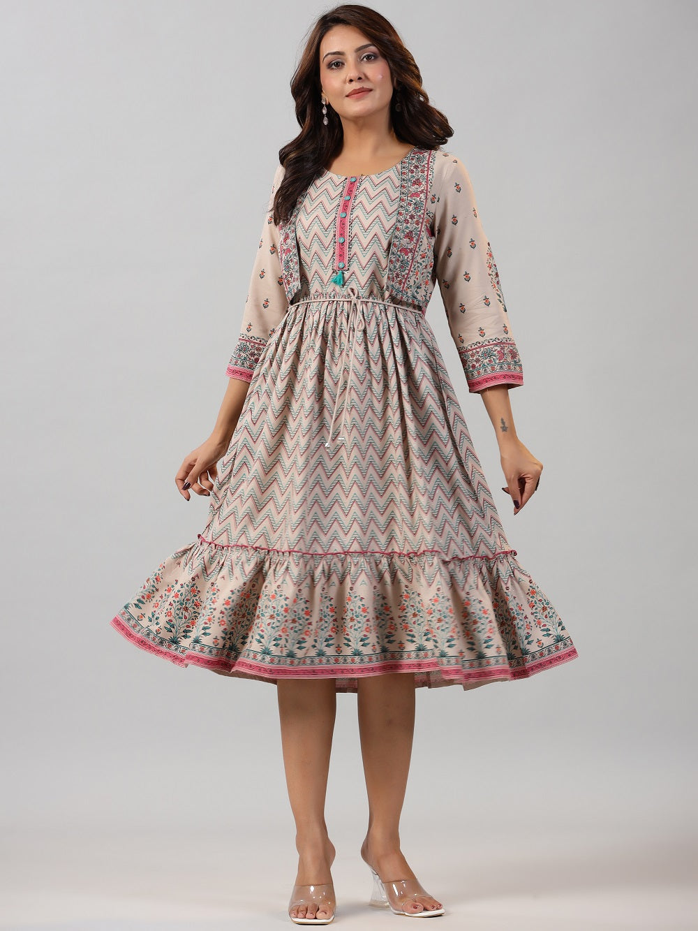 Juniper Women Beige LIVA Printed Jacket Style Midi Dress