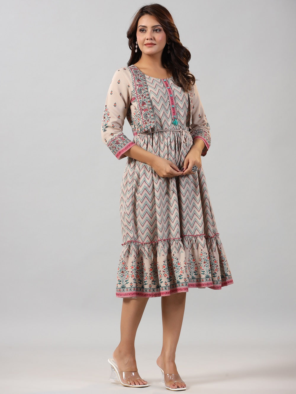Juniper Women Beige LIVA Printed Jacket Style Midi Dress
