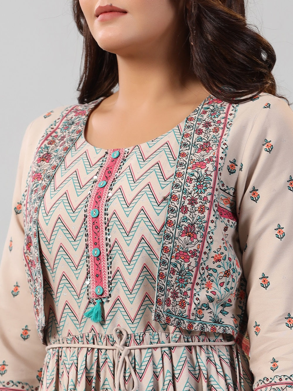 Juniper Women Beige LIVA Printed Jacket Style Midi Dress