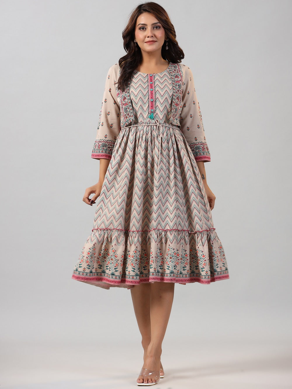 Juniper Women Beige LIVA Printed Jacket Style Midi Dress