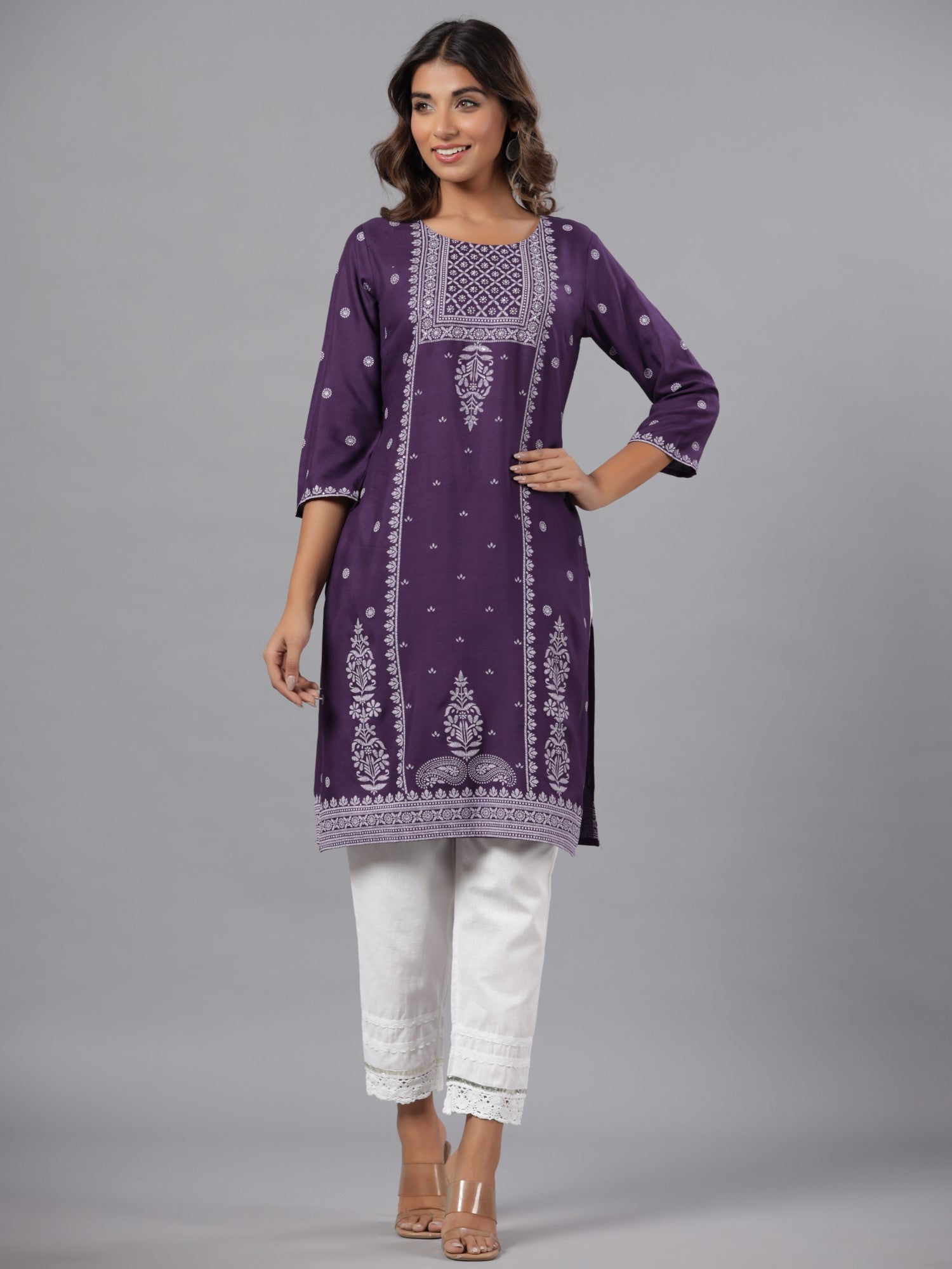 Juniper Women Purple LIVA Printed Knee Length Straight Kurta