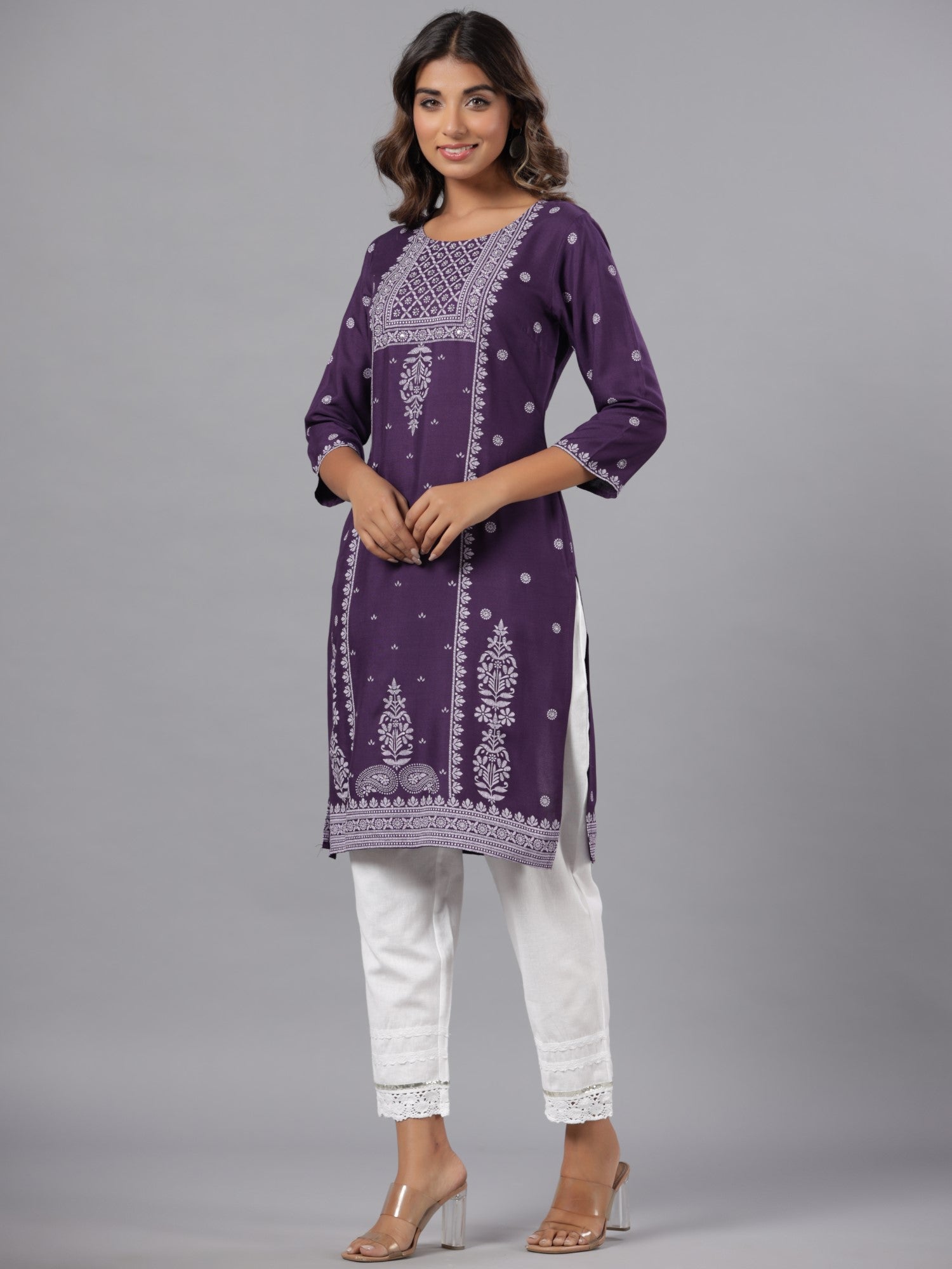 Juniper Women Purple LIVA Printed Knee Length Straight Kurta