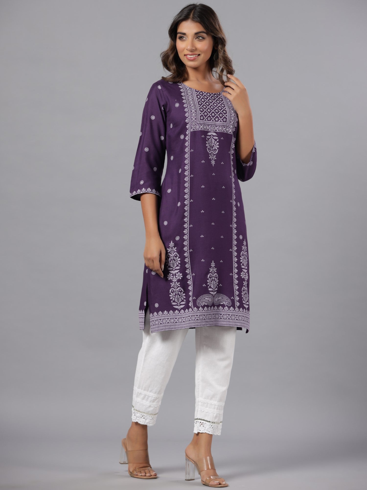 Juniper Women Purple LIVA Printed Knee Length Straight Kurta