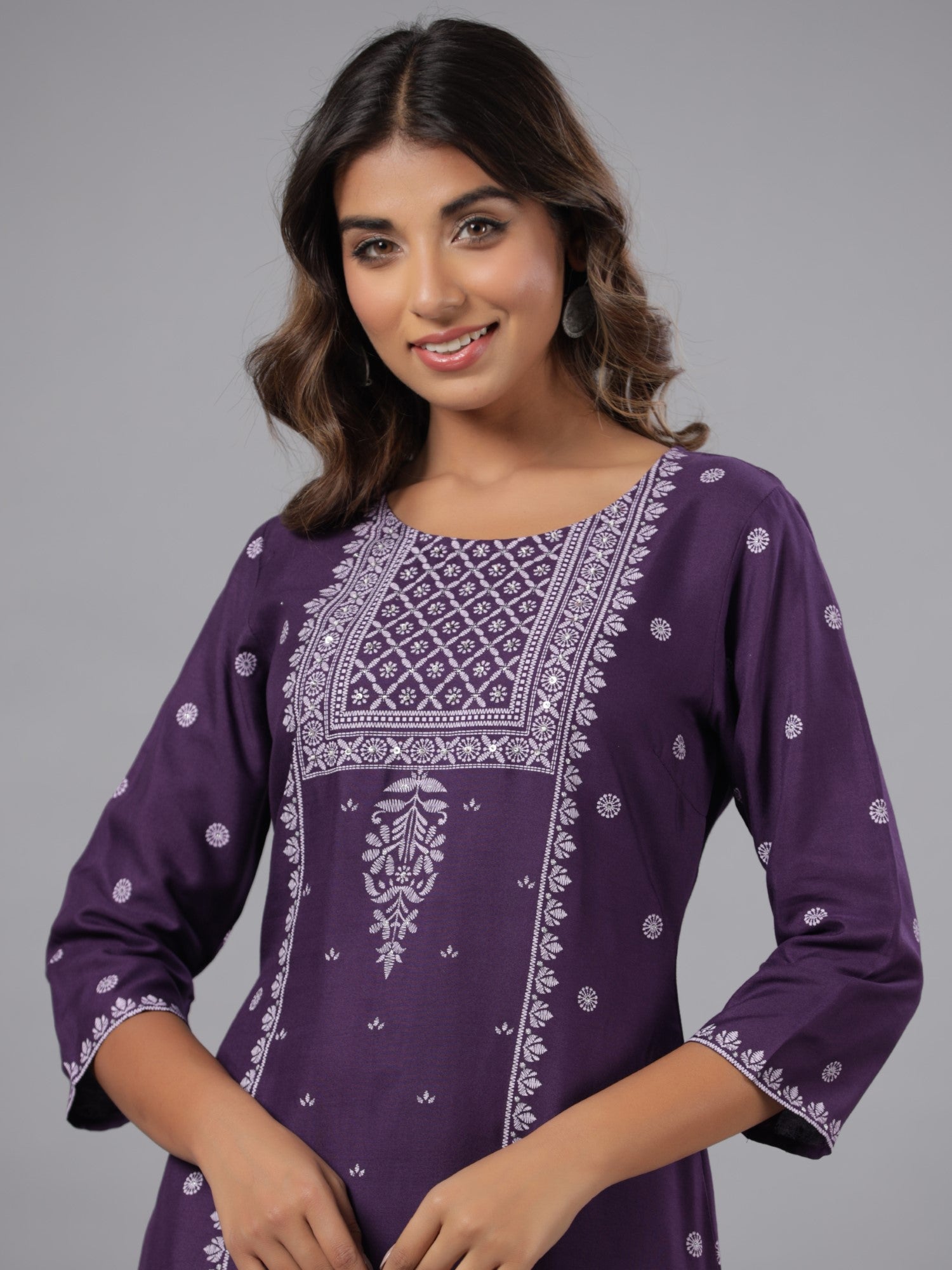 Juniper Women Purple LIVA Printed Knee Length Straight Kurta
