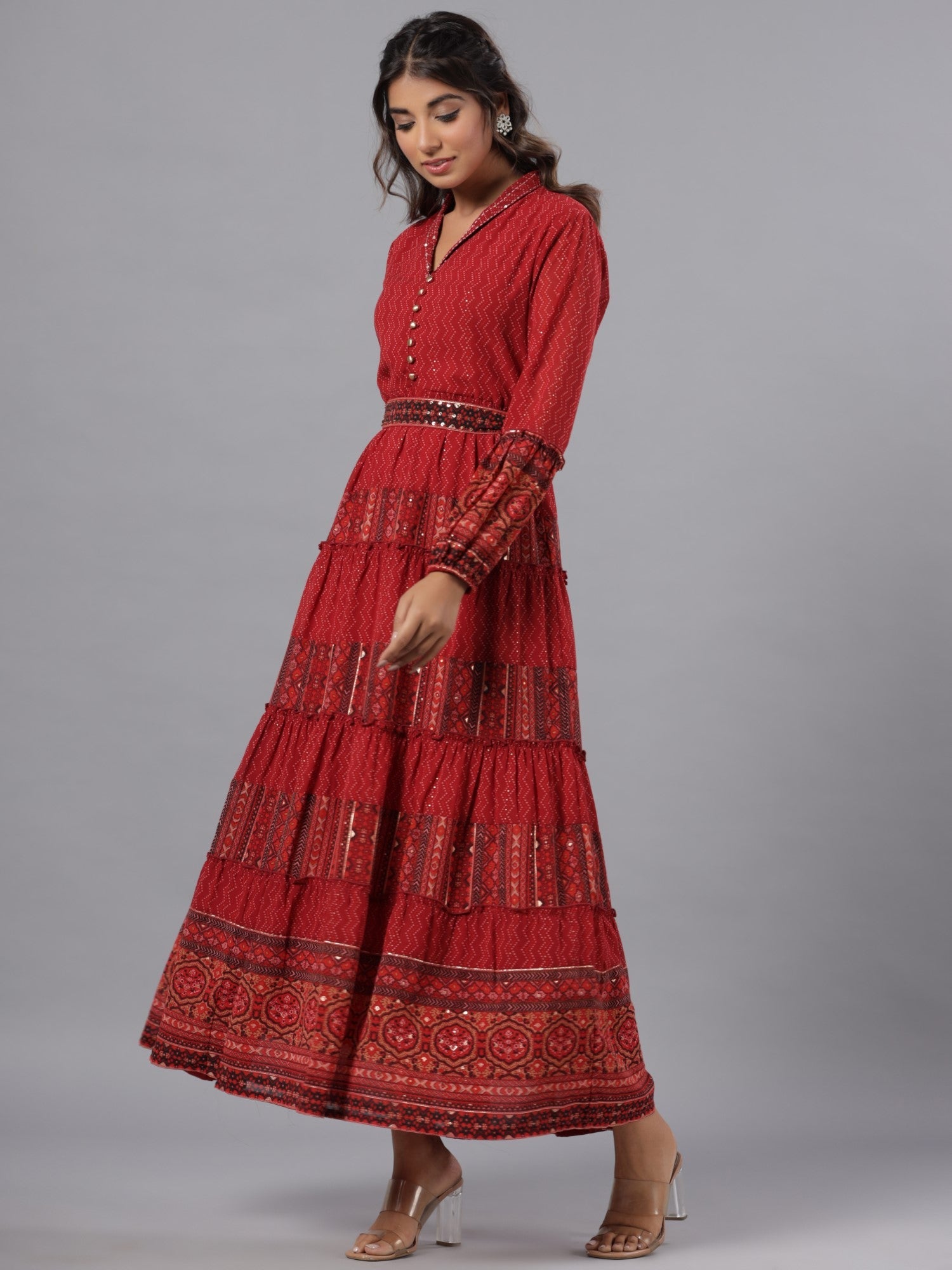 Juniper Rust Ethnic Motif printed Georgette Tiered Maxi Dress With Sequins