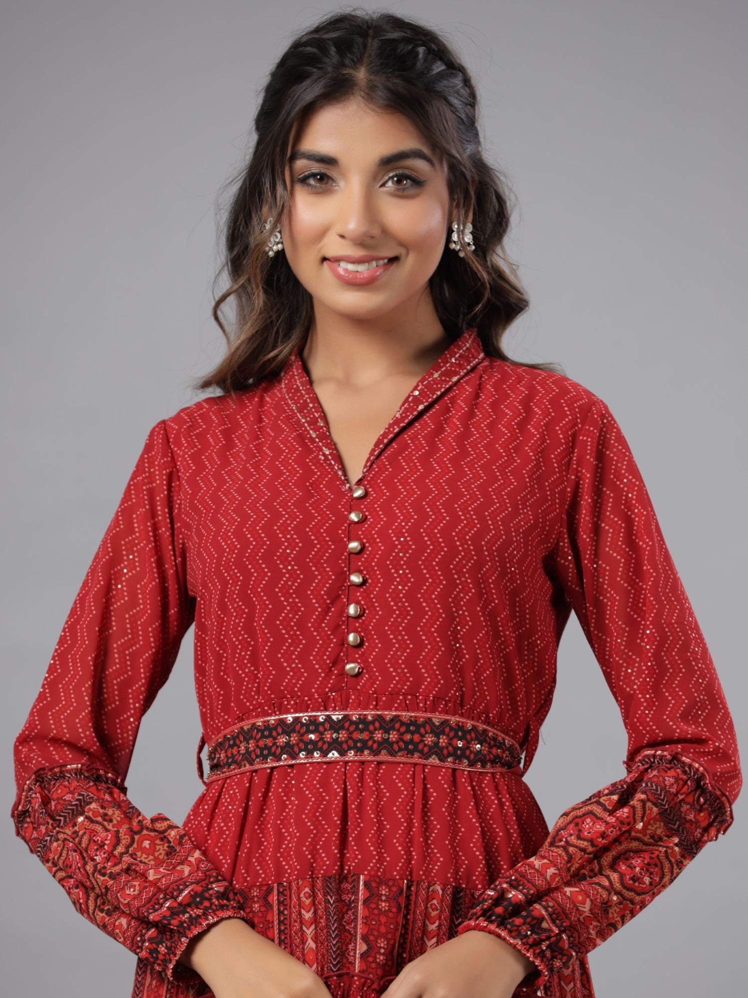 Juniper Rust Ethnic Motif printed Georgette Tiered Maxi Dress With Sequins