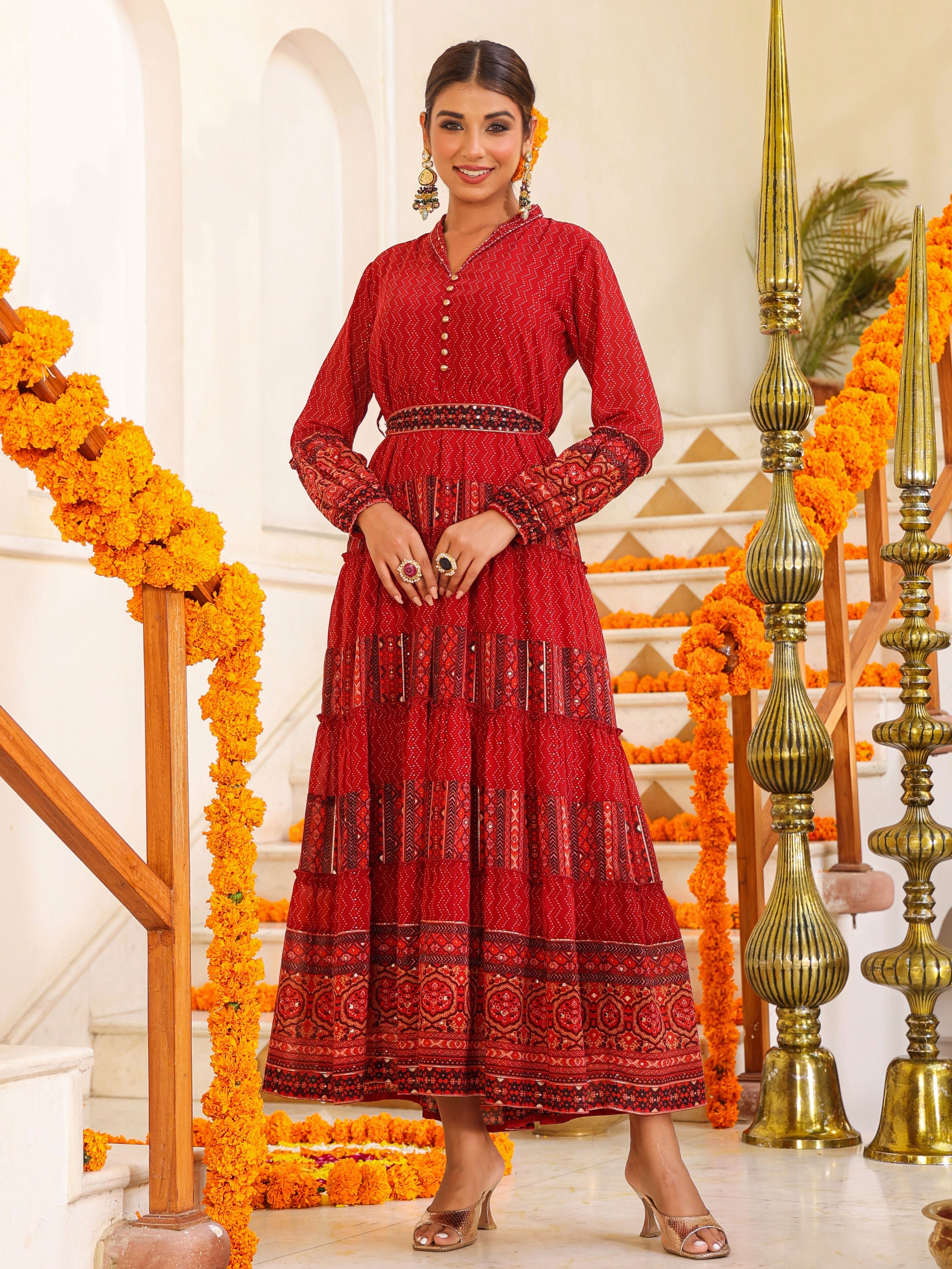 Juniper Rust Ethnic Motif printed Georgette Tiered Maxi Dress With Sequins