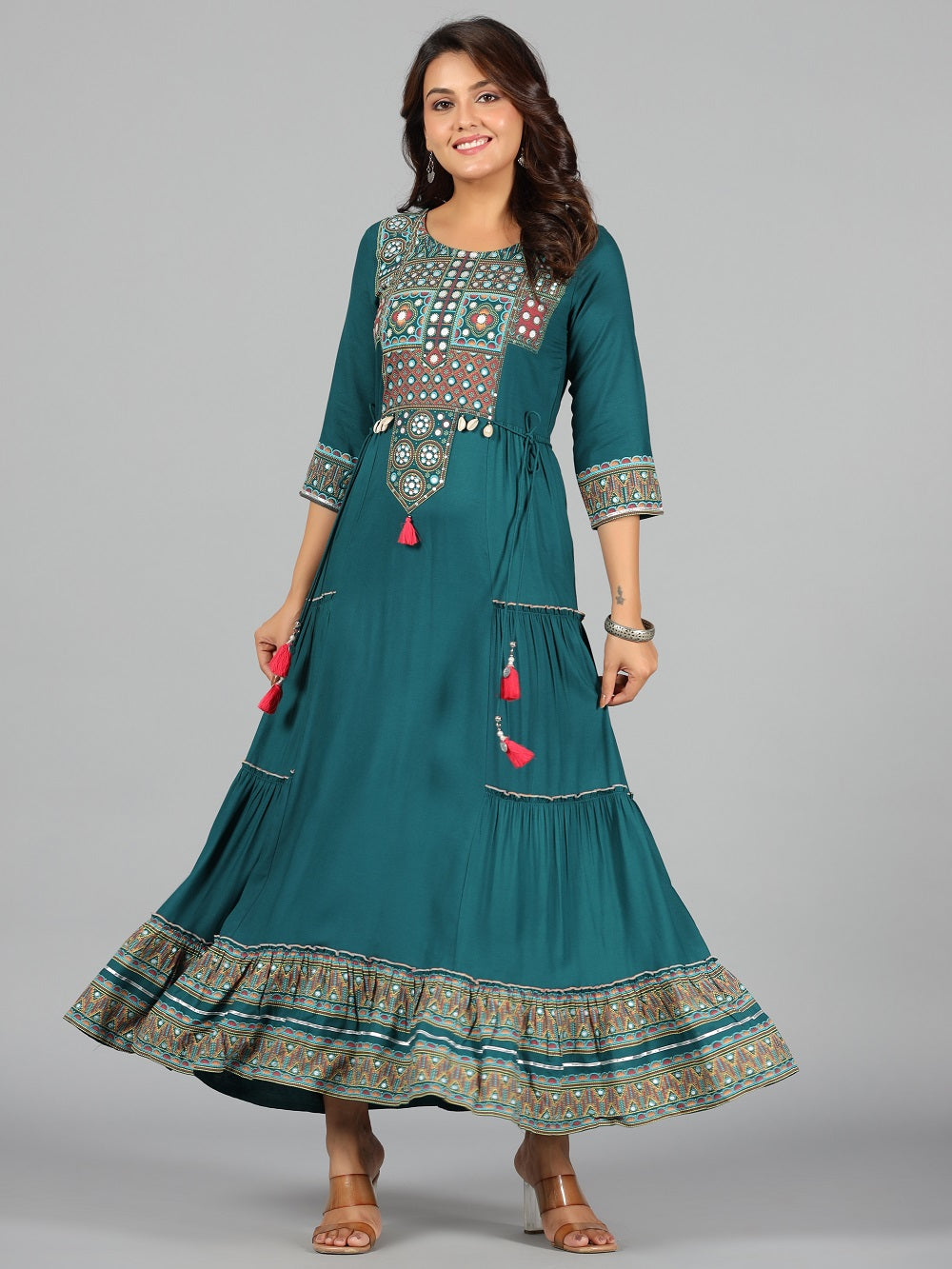 Juniper Women's Teal LIVA Printed Tiered Maxi Dress