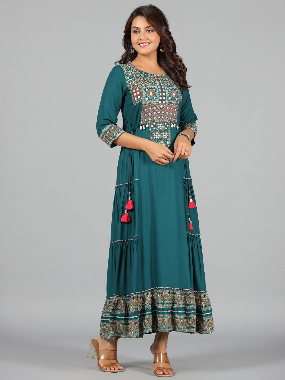 Juniper Women's Teal LIVA Printed Tiered Maxi Dress