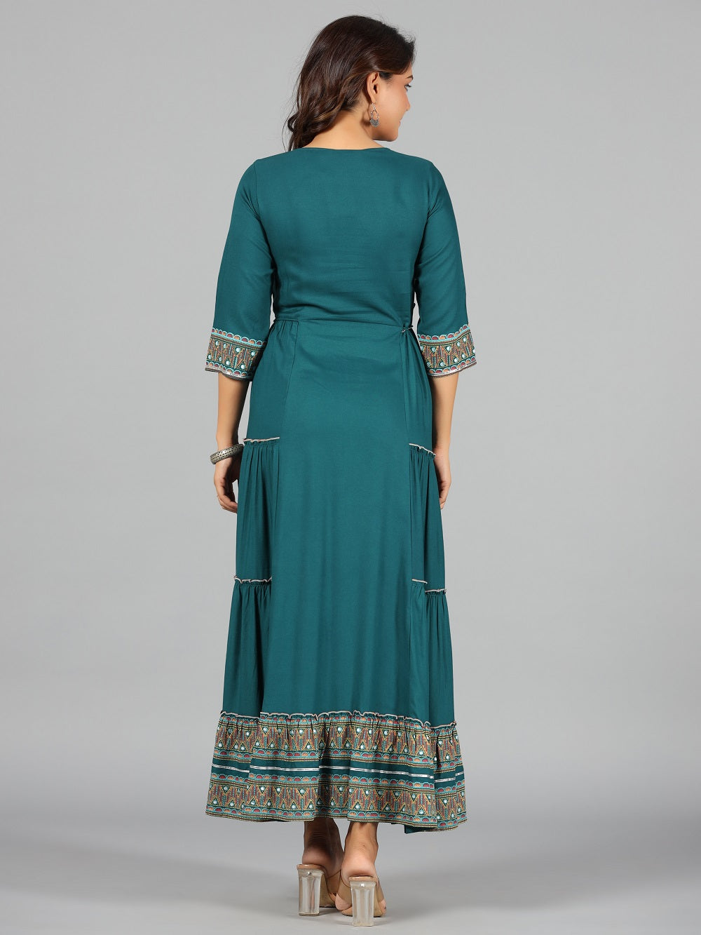 Juniper Women's Teal LIVA Printed Tiered Maxi Dress