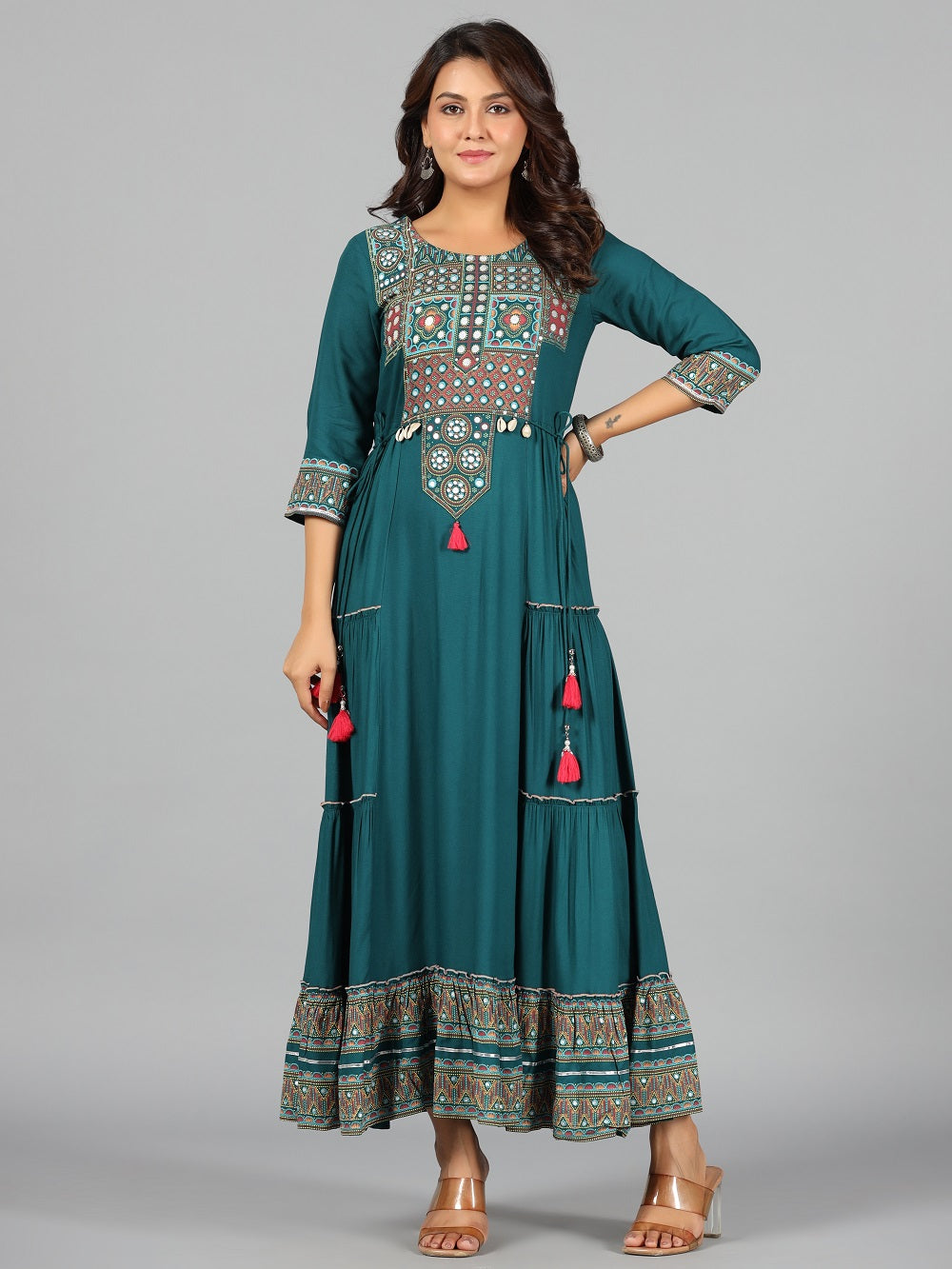 Juniper Women's Teal LIVA Printed Tiered Maxi Dress