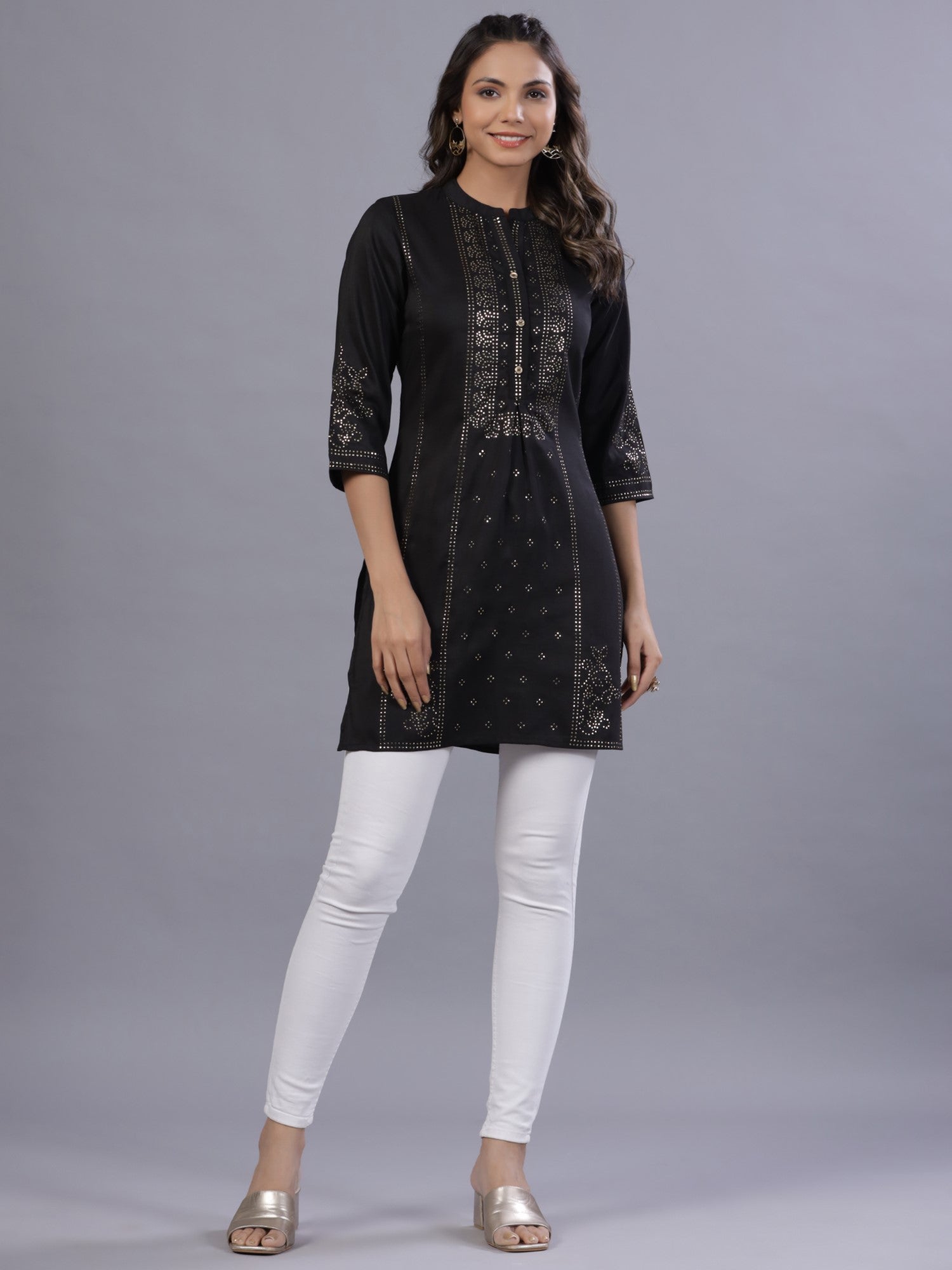 Juniper Women Black Chinon Silk Mukesh Work Straight Tunic