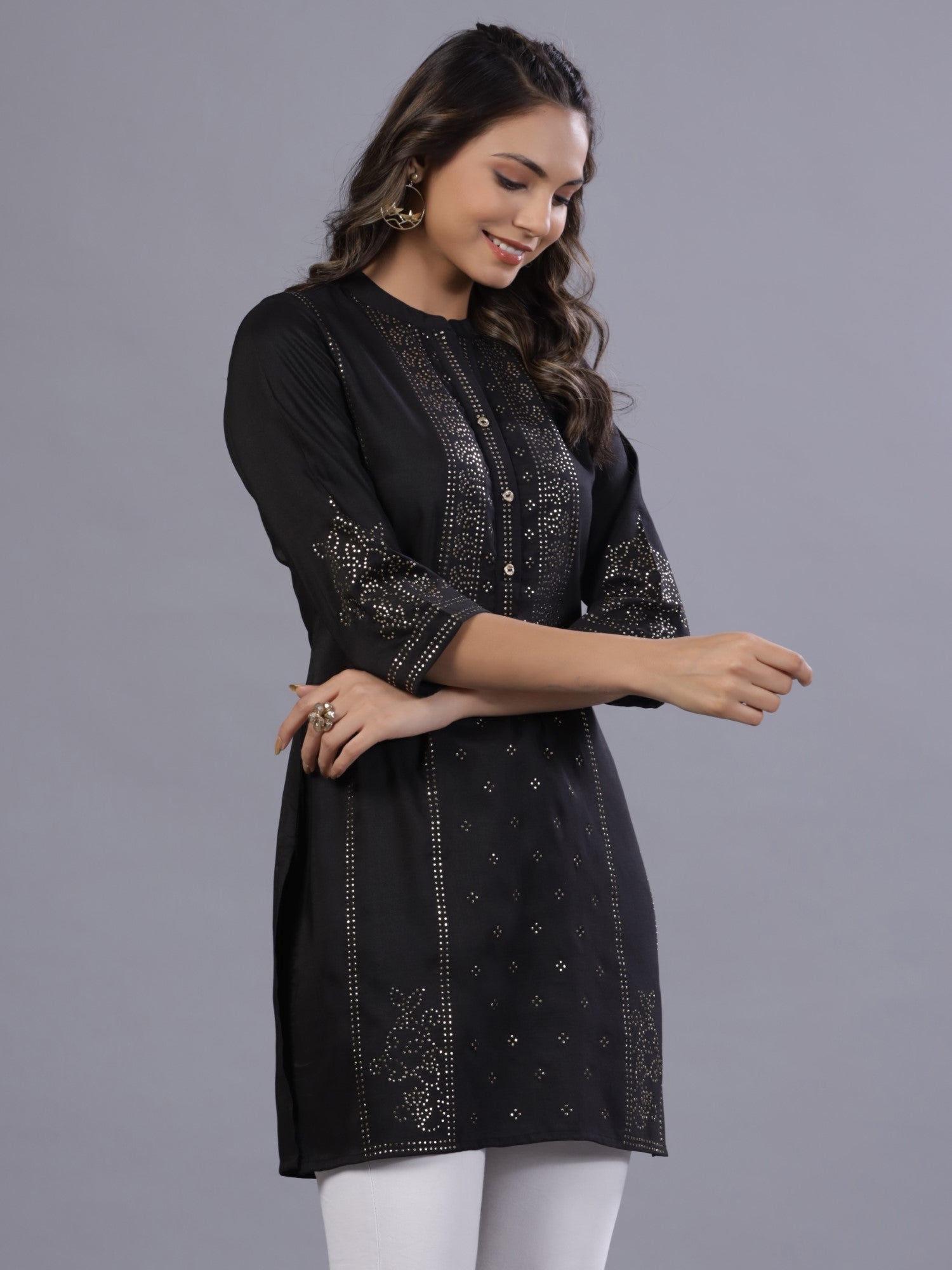 Juniper Women Black Chinon Silk Mukesh Work Straight Tunic