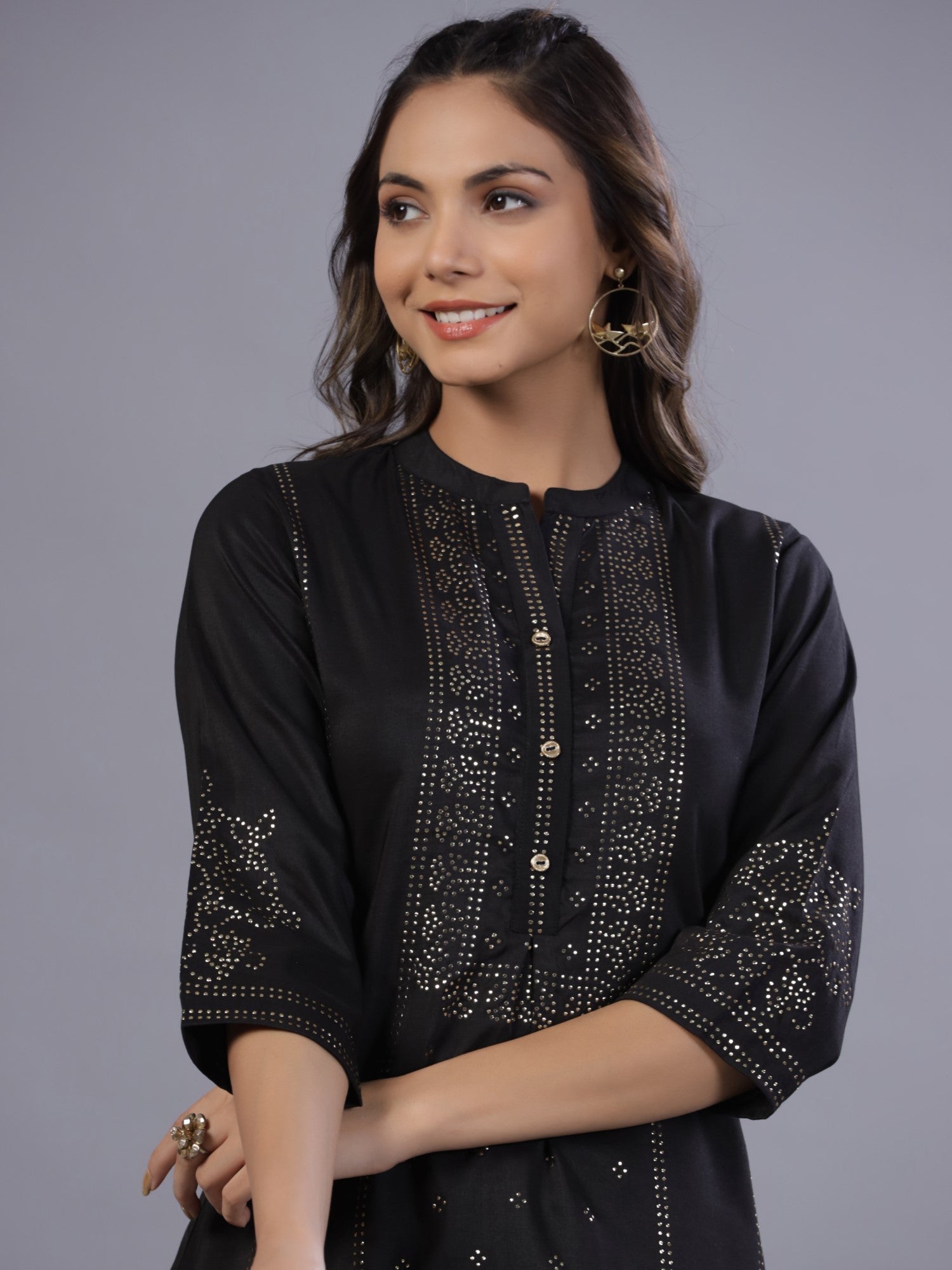 Juniper Women Black Chinon Silk Mukesh Work Straight Tunic