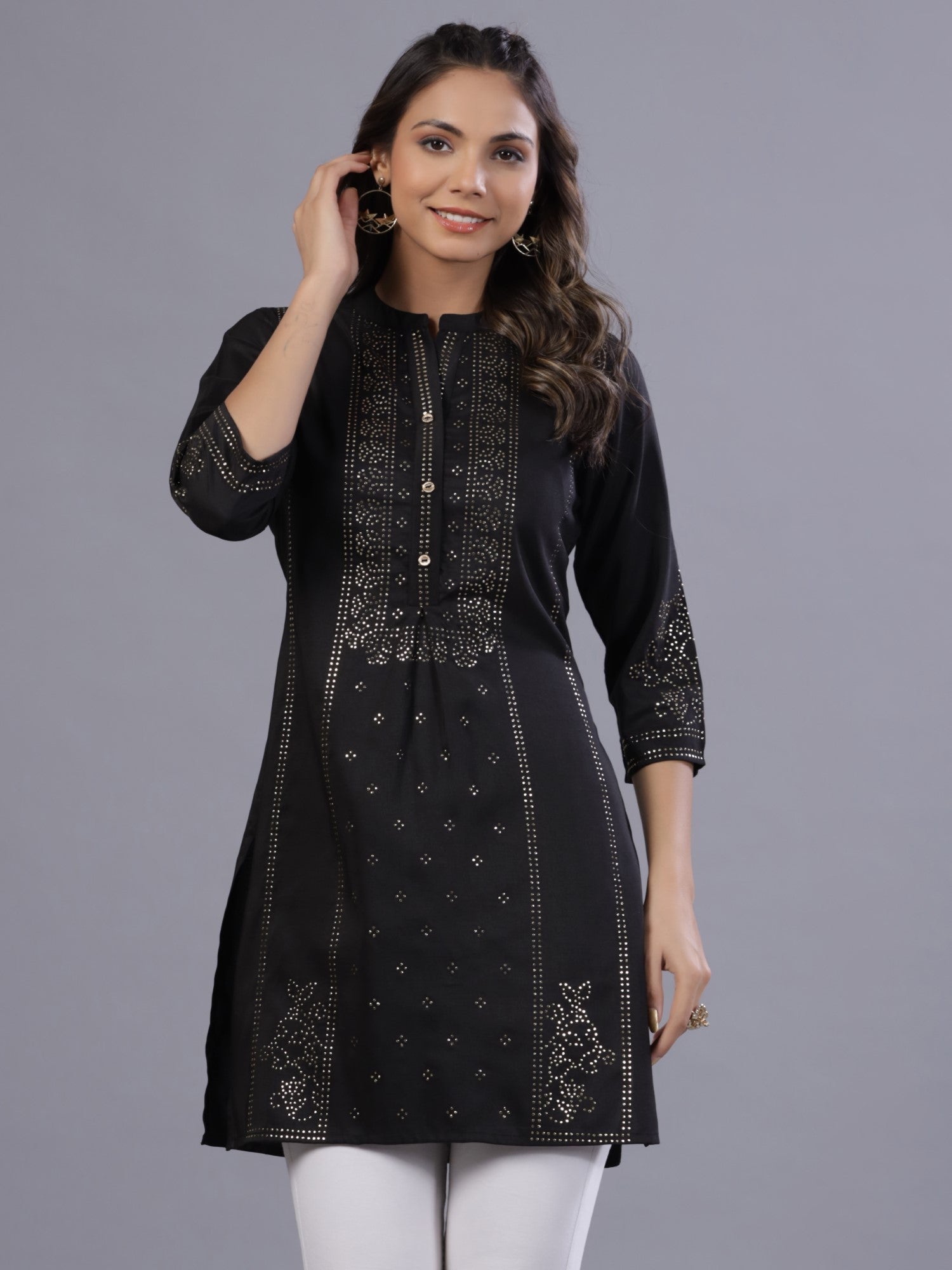 Juniper Women Black Chinon Silk Mukesh Work Straight Tunic