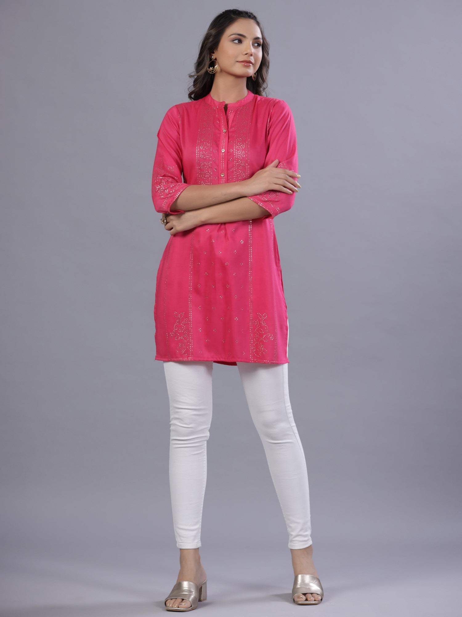 Juniper Women Fuchsia Chinon Silk Mukesh Work Straight Tunic.
