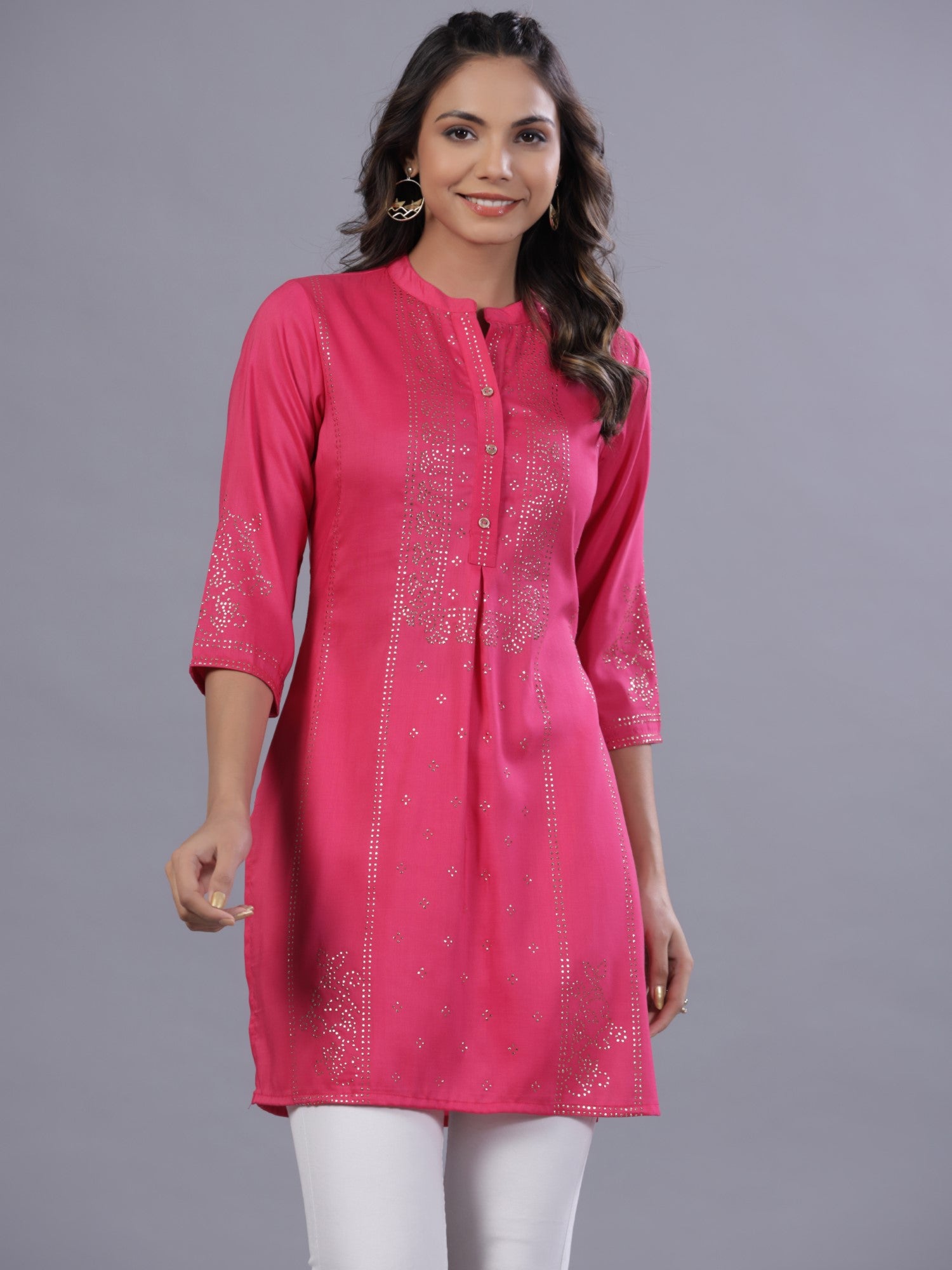Juniper Women Fuchsia Chinon Silk Mukesh Work Straight Tunic.