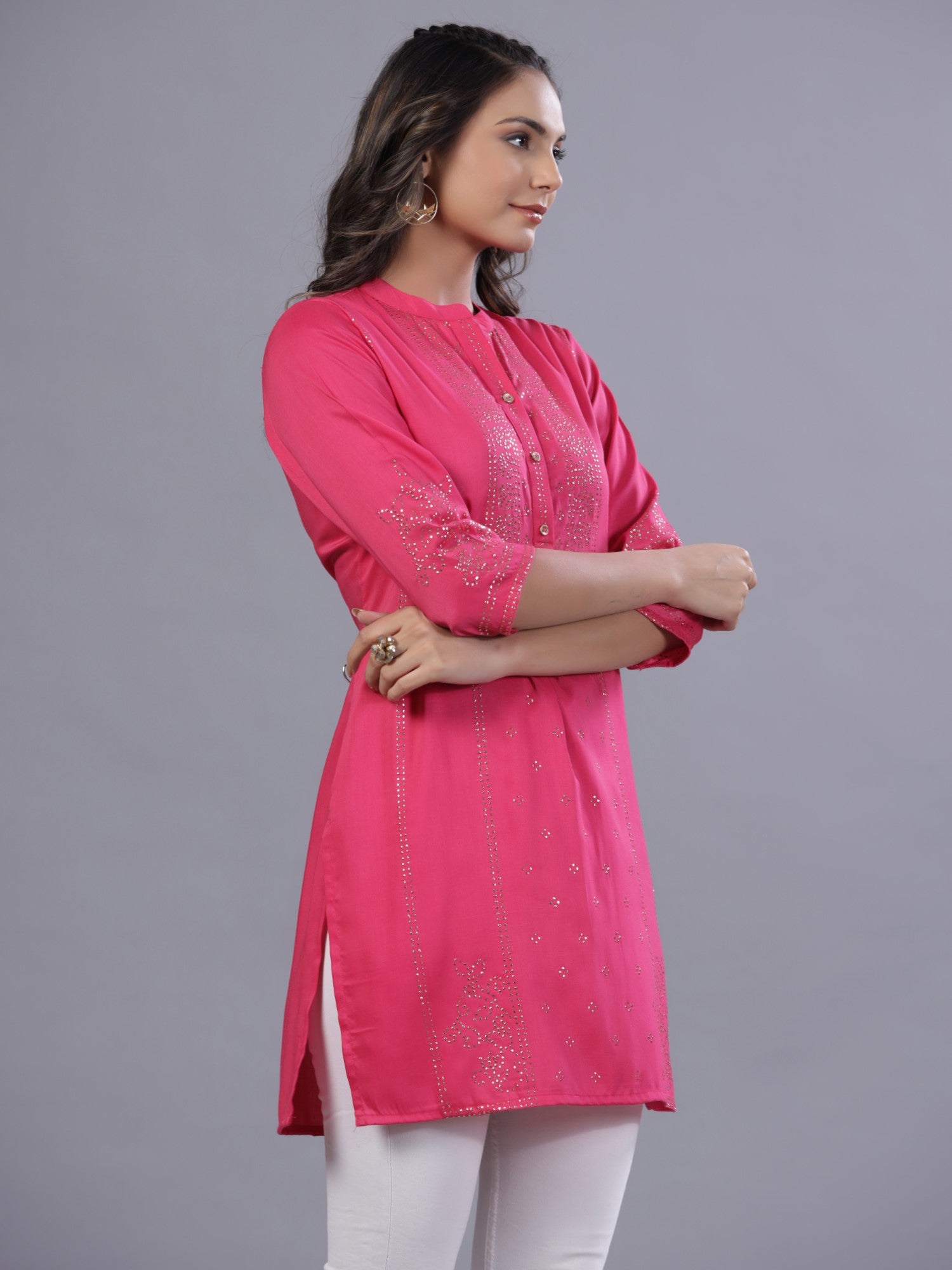Juniper Women Fuchsia Chinon Silk Mukesh Work Straight Tunic.