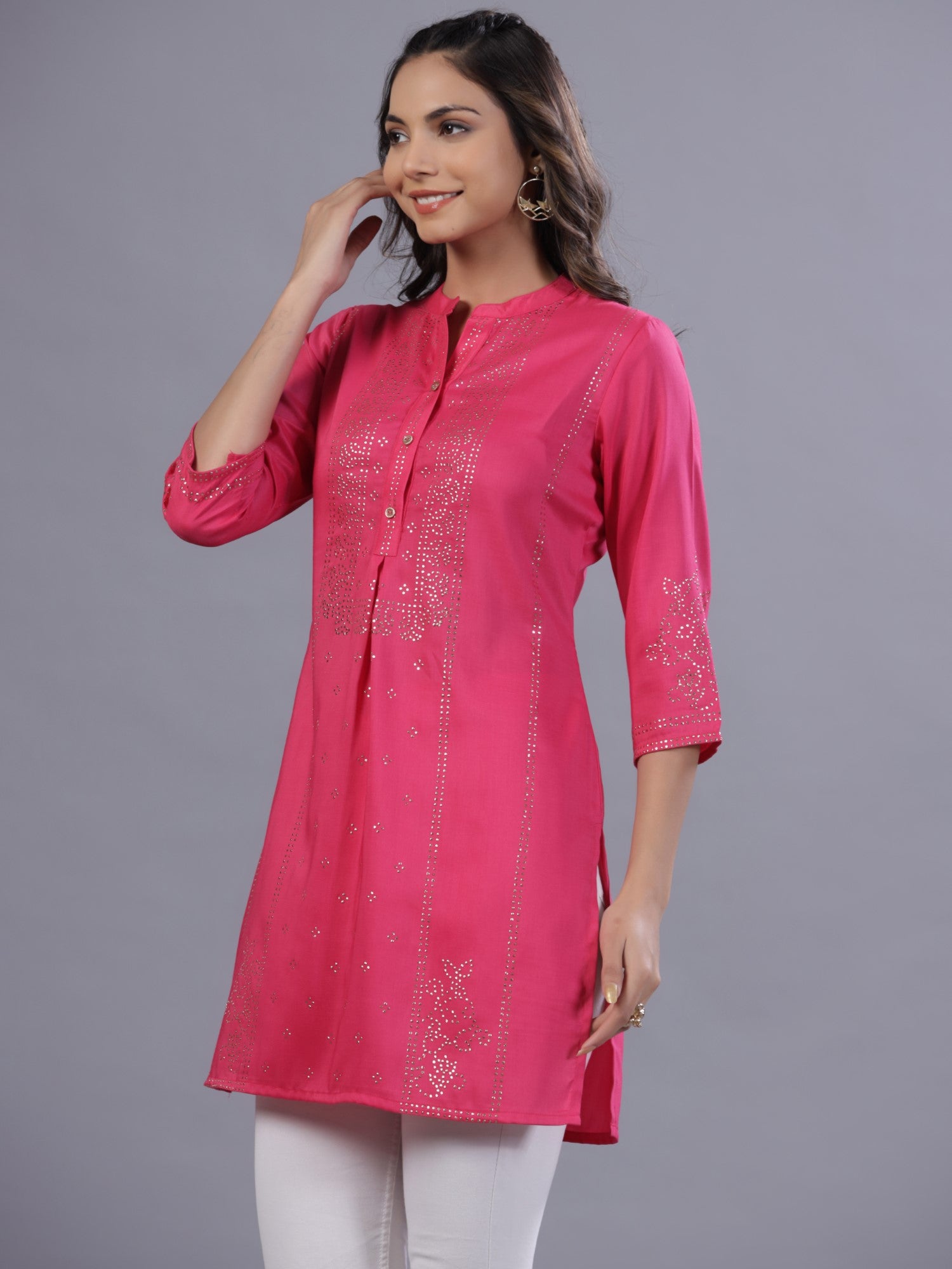Juniper Women Fuchsia Chinon Silk Mukesh Work Straight Tunic.