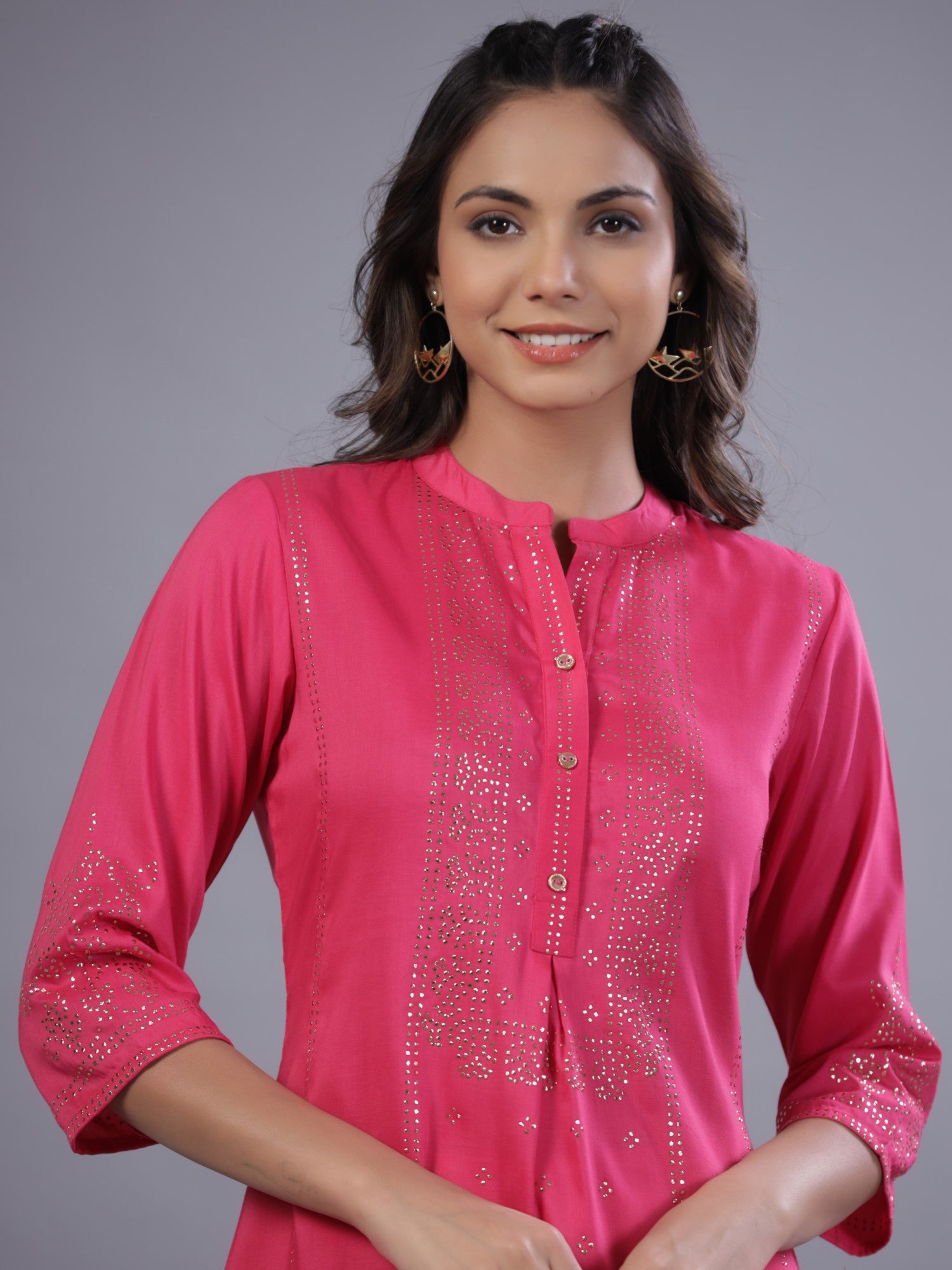 Juniper Women Fuchsia Chinon Silk Mukesh Work Straight Tunic.