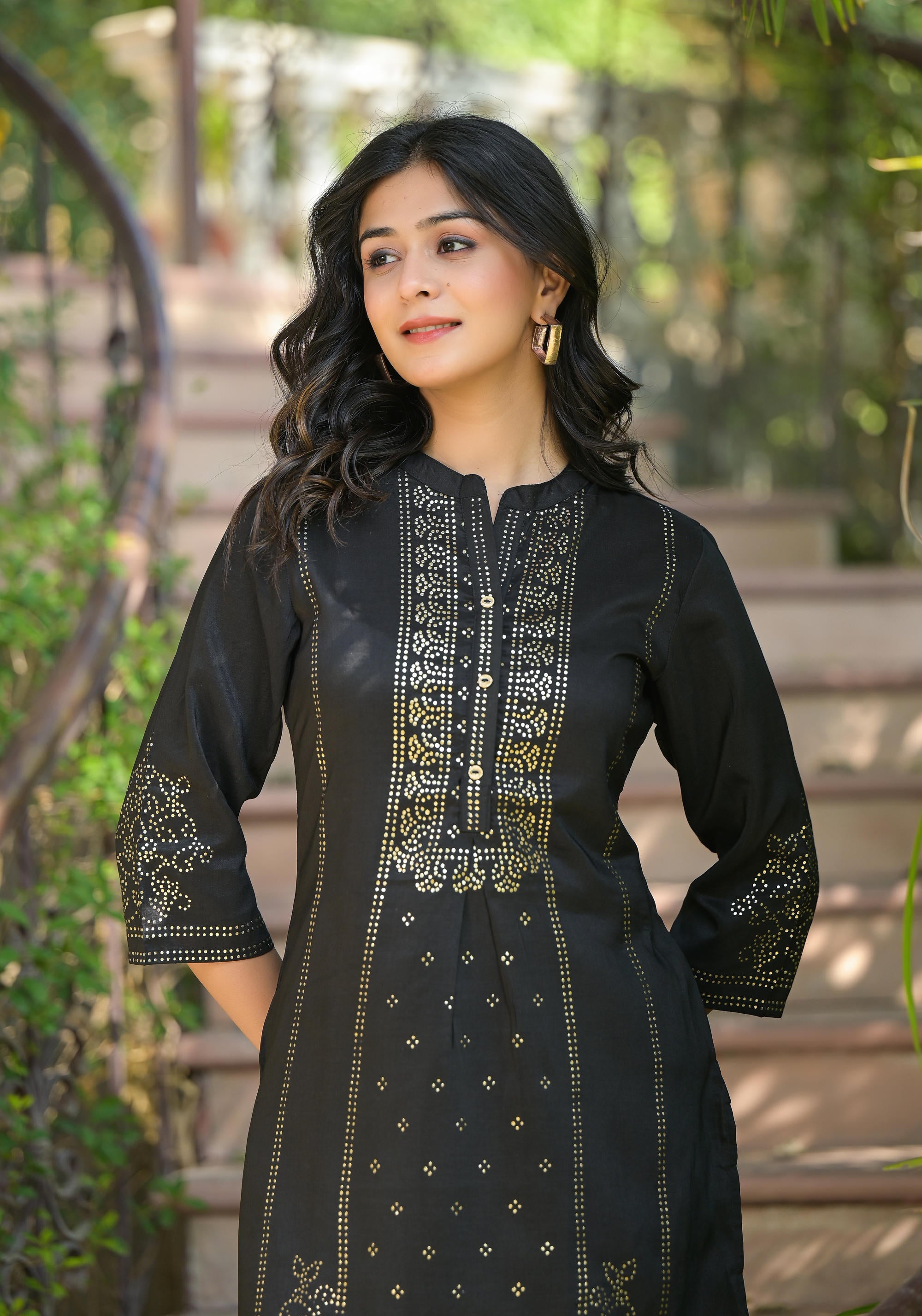Black Ethnic Motif Printed Silk Tunic With Buttons
