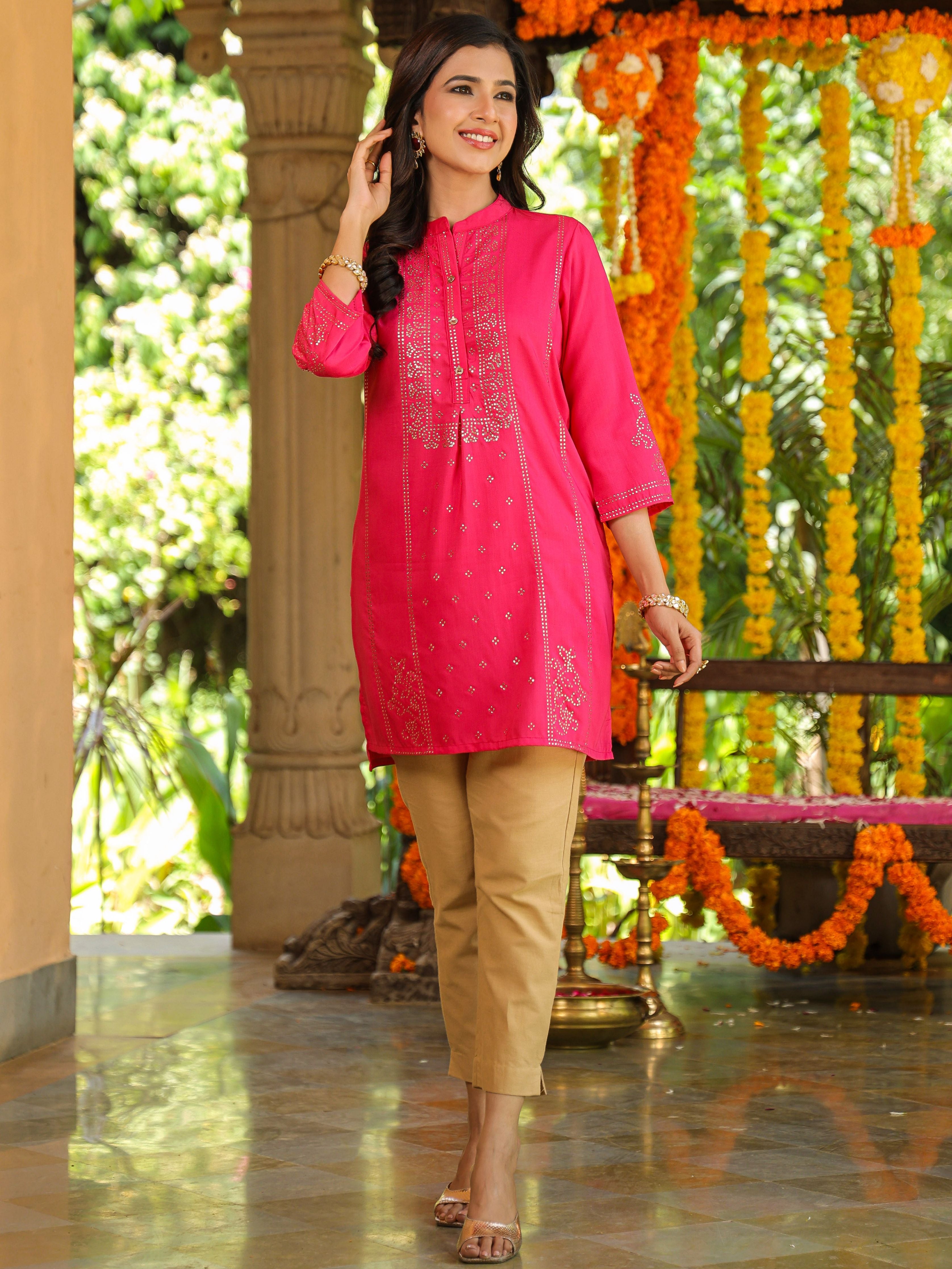 Juniper Women Fuchsia Chinon Silk Mukesh Work Straight Tunic.
