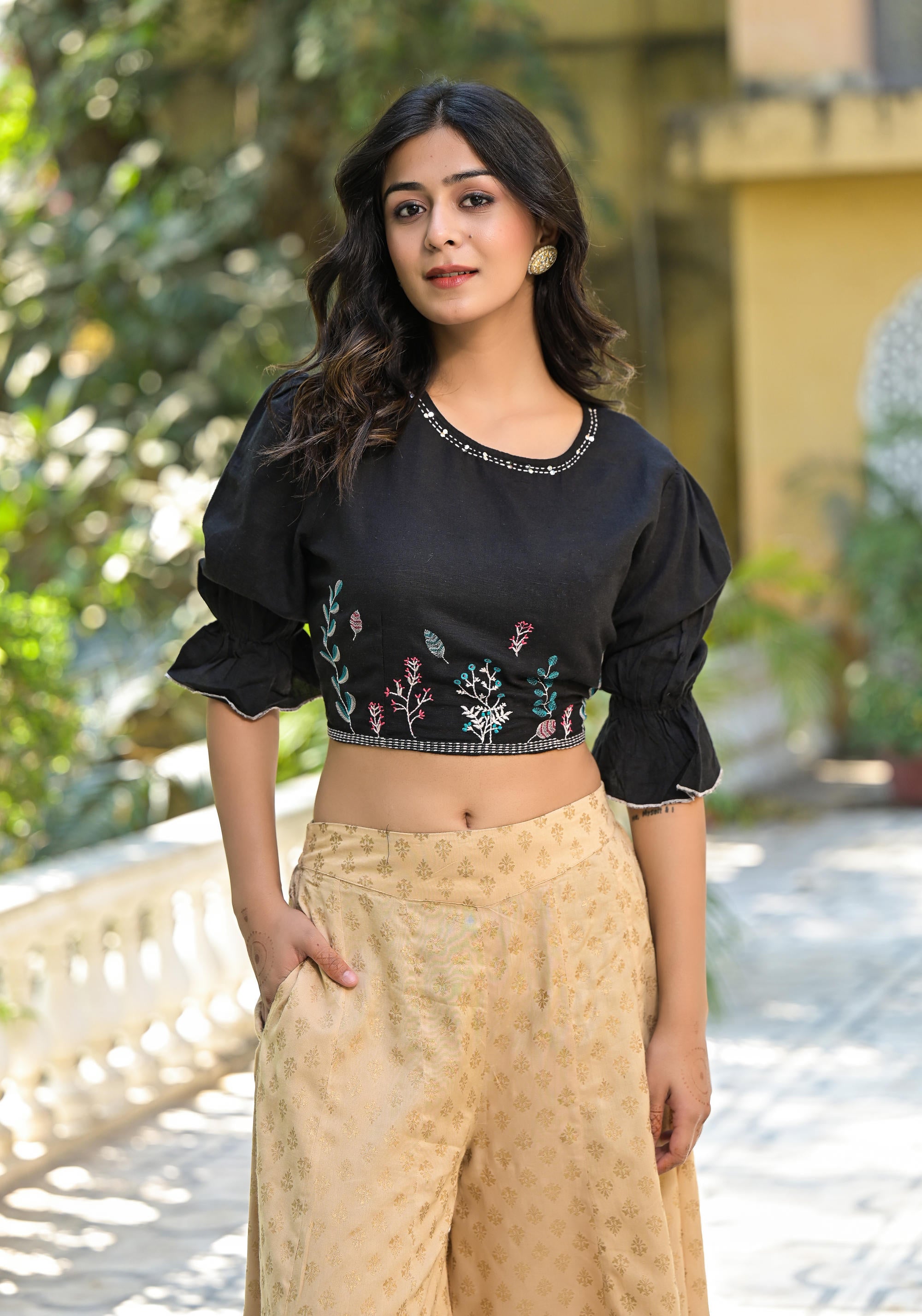 Black Floral Printed Liva Rayon Flex Crop Top With Thread Embroidery