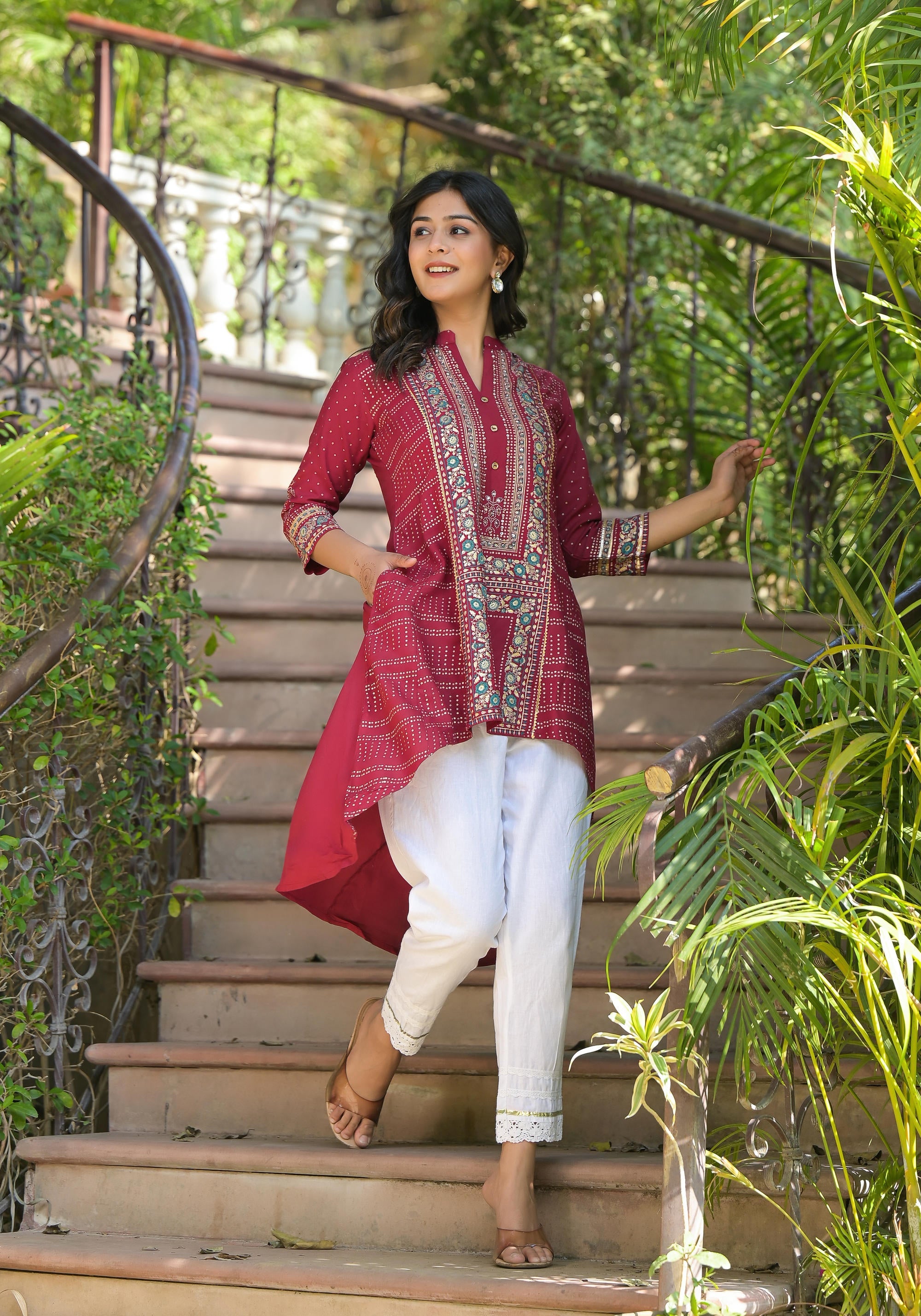 Maroon Bandhani Printed Liva Rayon Tunic With Sequins & Thread Work