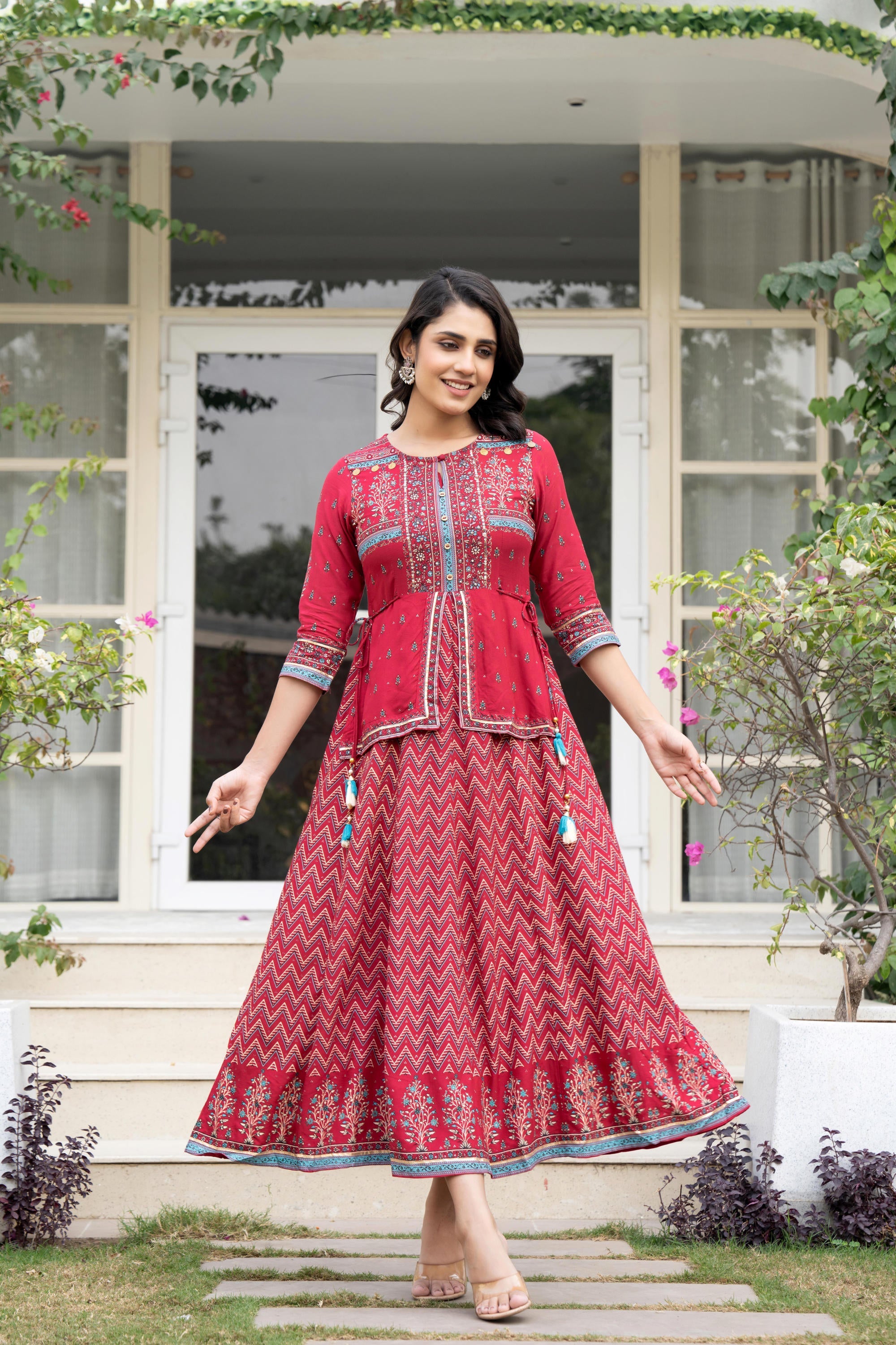Red Floral Printed Liva RayonDress With Tassels & Sequins