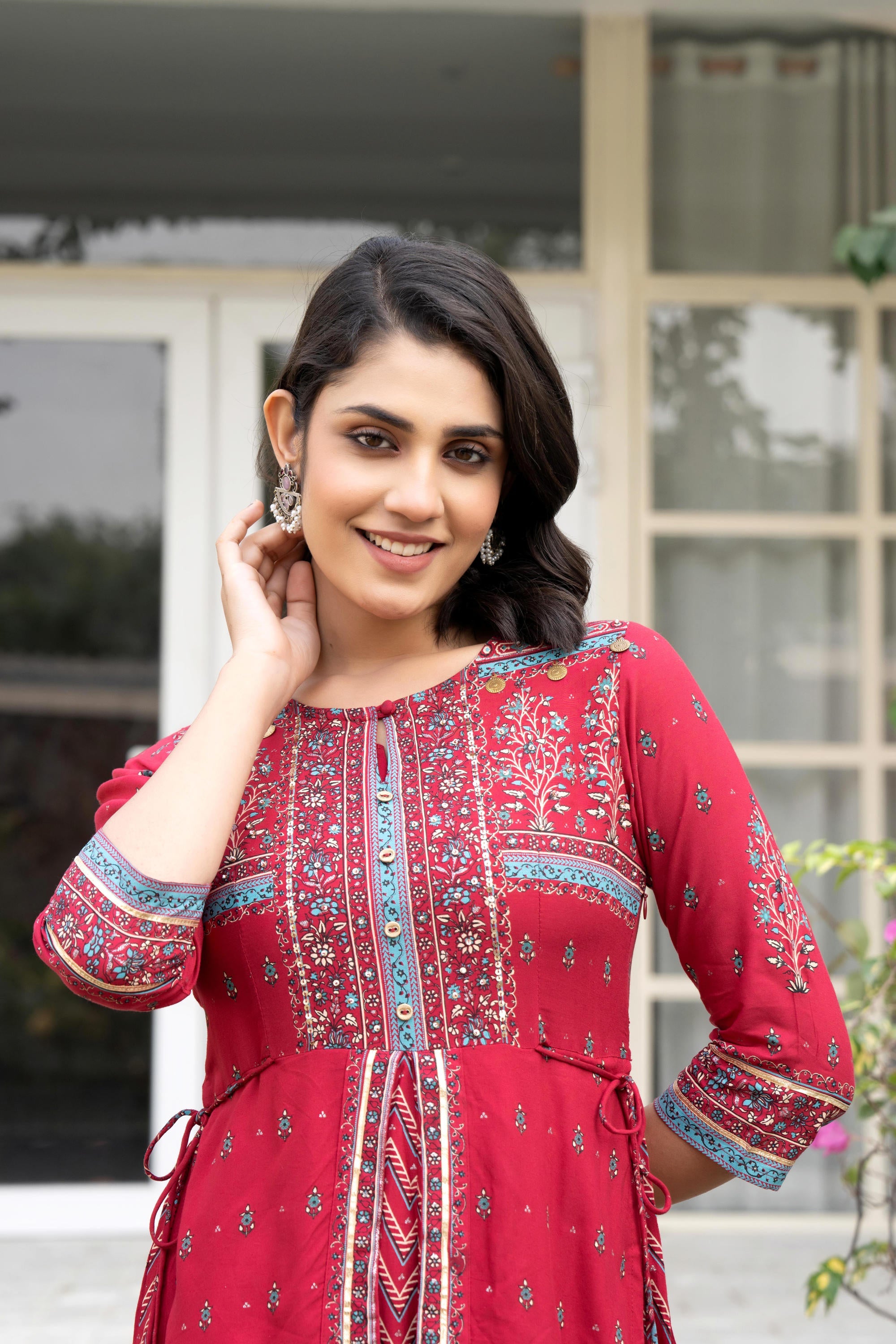 Red Floral Printed Liva RayonDress With Tassels & Sequins