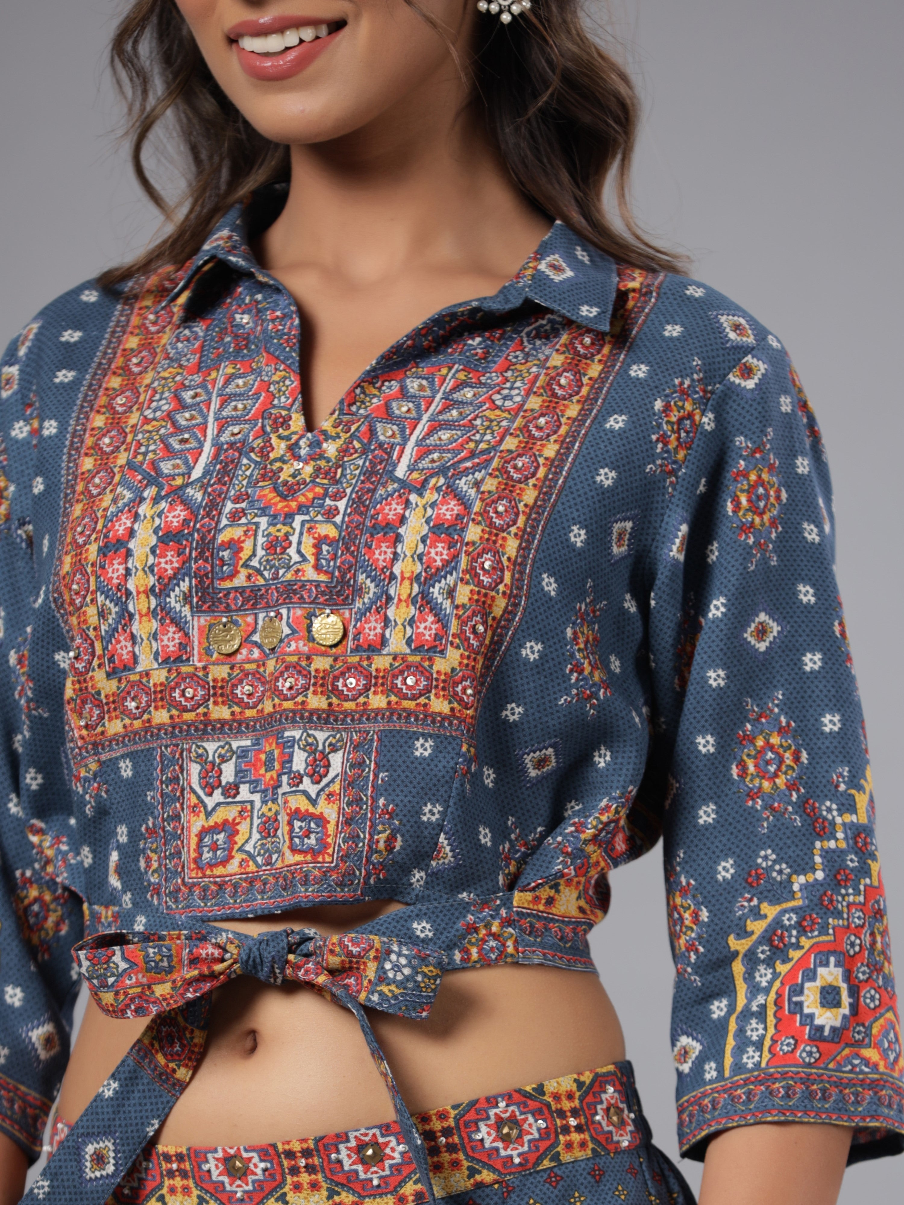 Juniper Women's Navy Blue Rayon Printed Co-ord Set