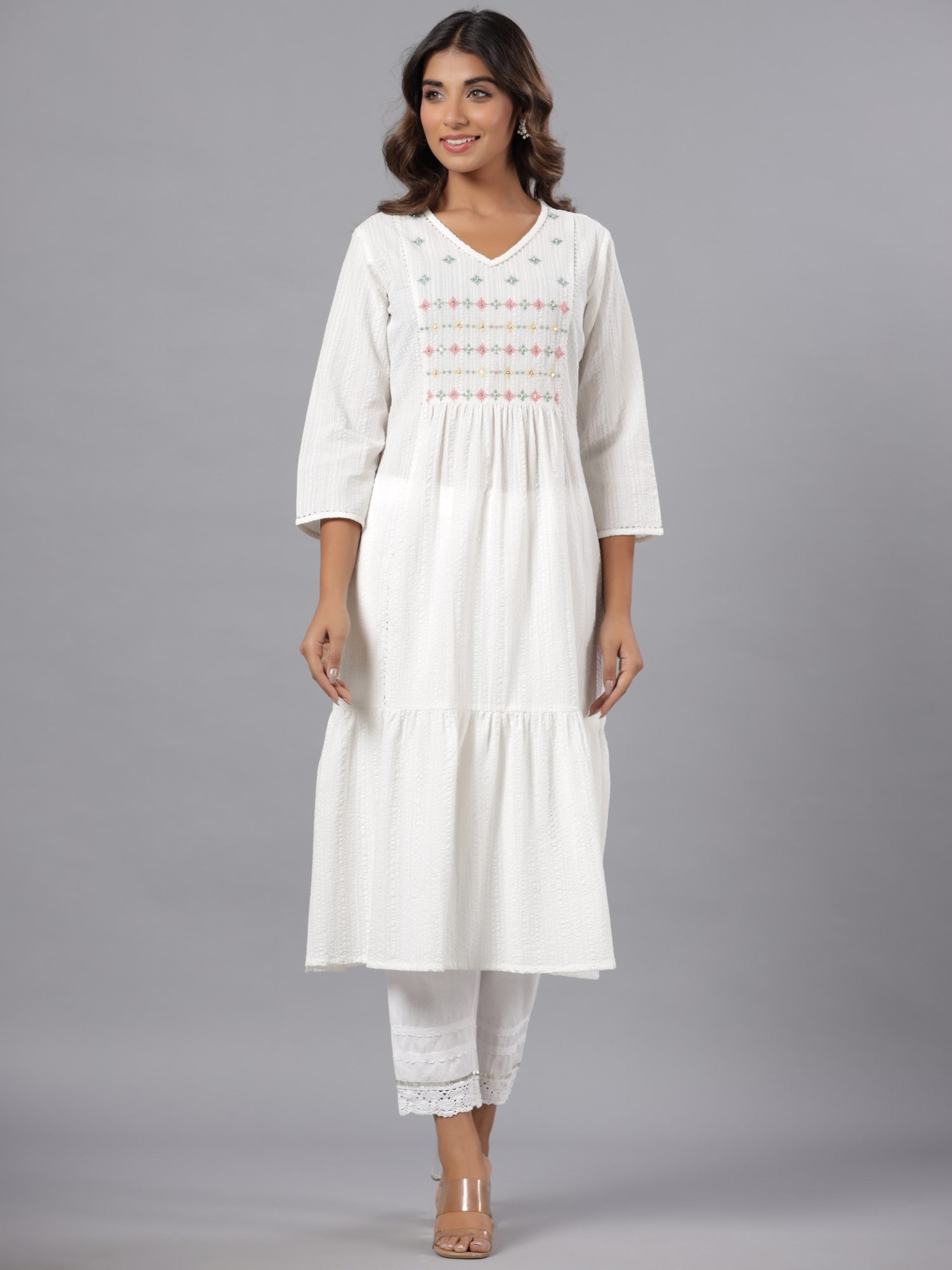 Juniper Women White Seer Sucker Embroidered High Slit Kurta