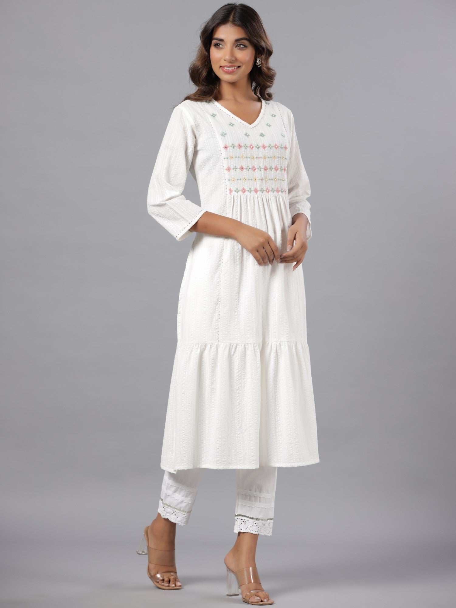 Juniper Women White Seer Sucker Embroidered High Slit Kurta