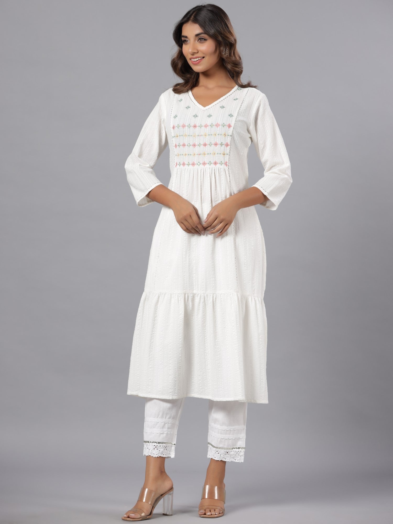 Juniper Women White Seer Sucker Embroidered High Slit Kurta
