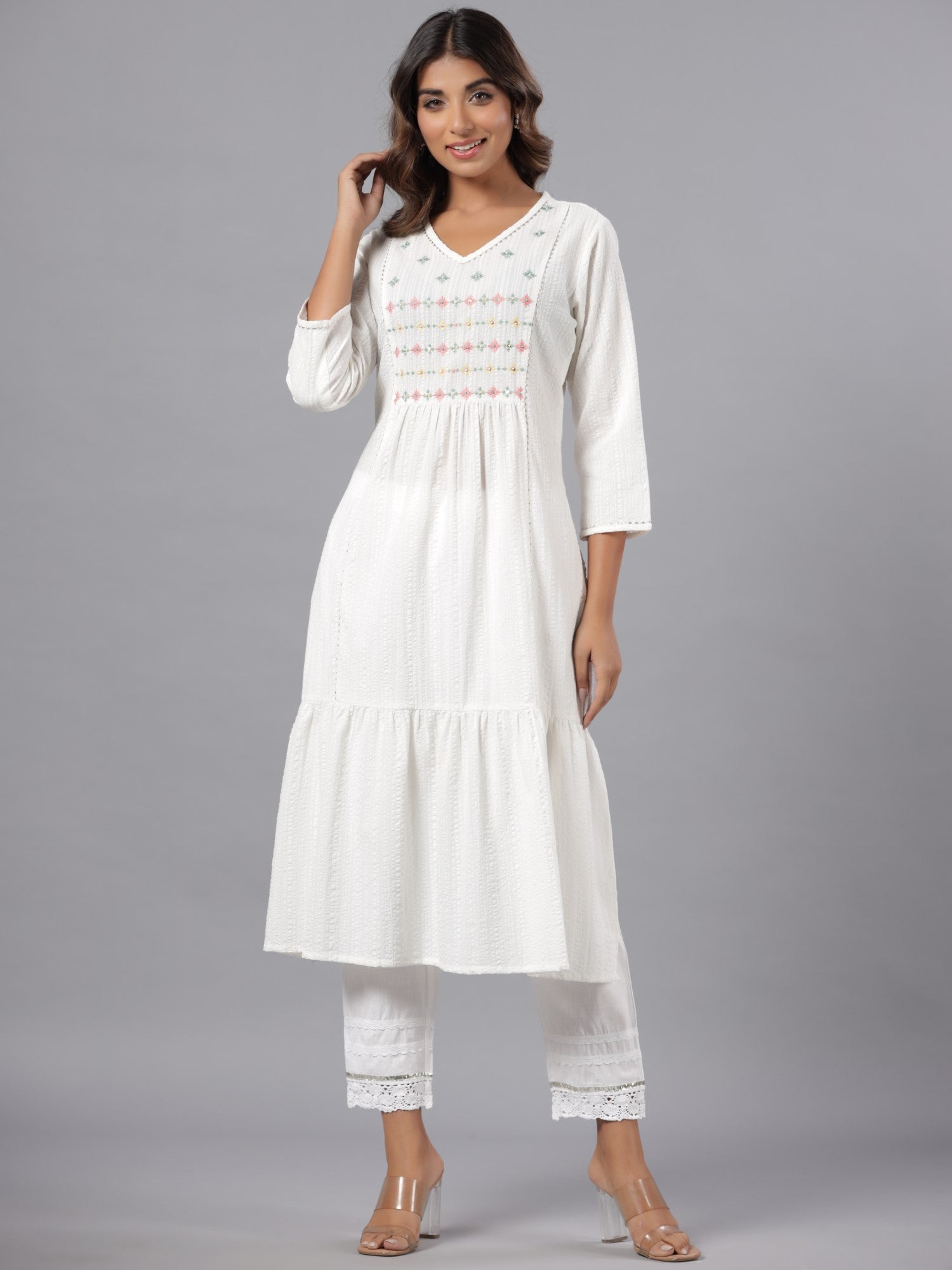 Juniper Women White Seer Sucker Embroidered High Slit Kurta