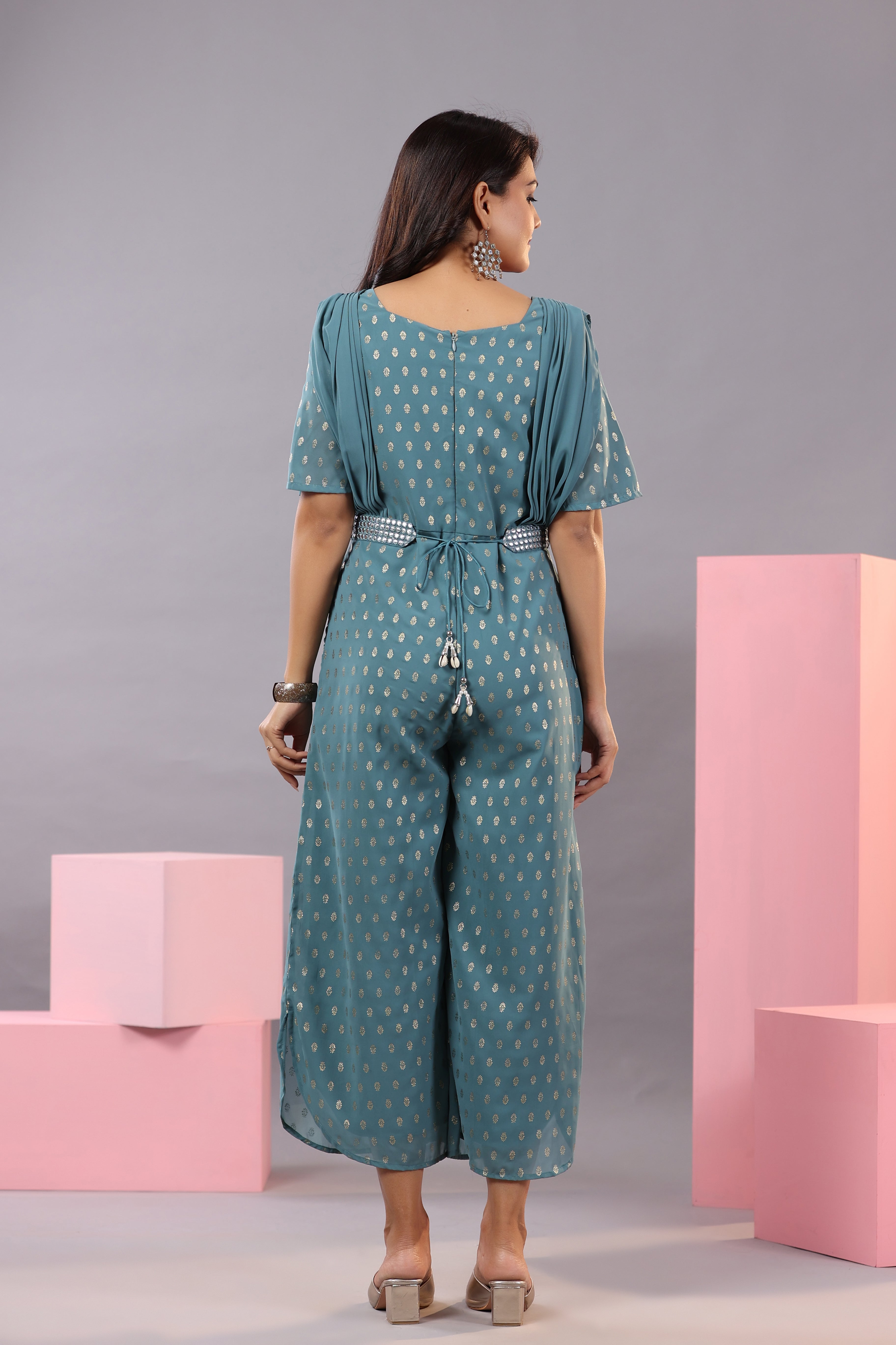 Juniper Women's Teal Georgette Foil Printed Draped Jumpsuit