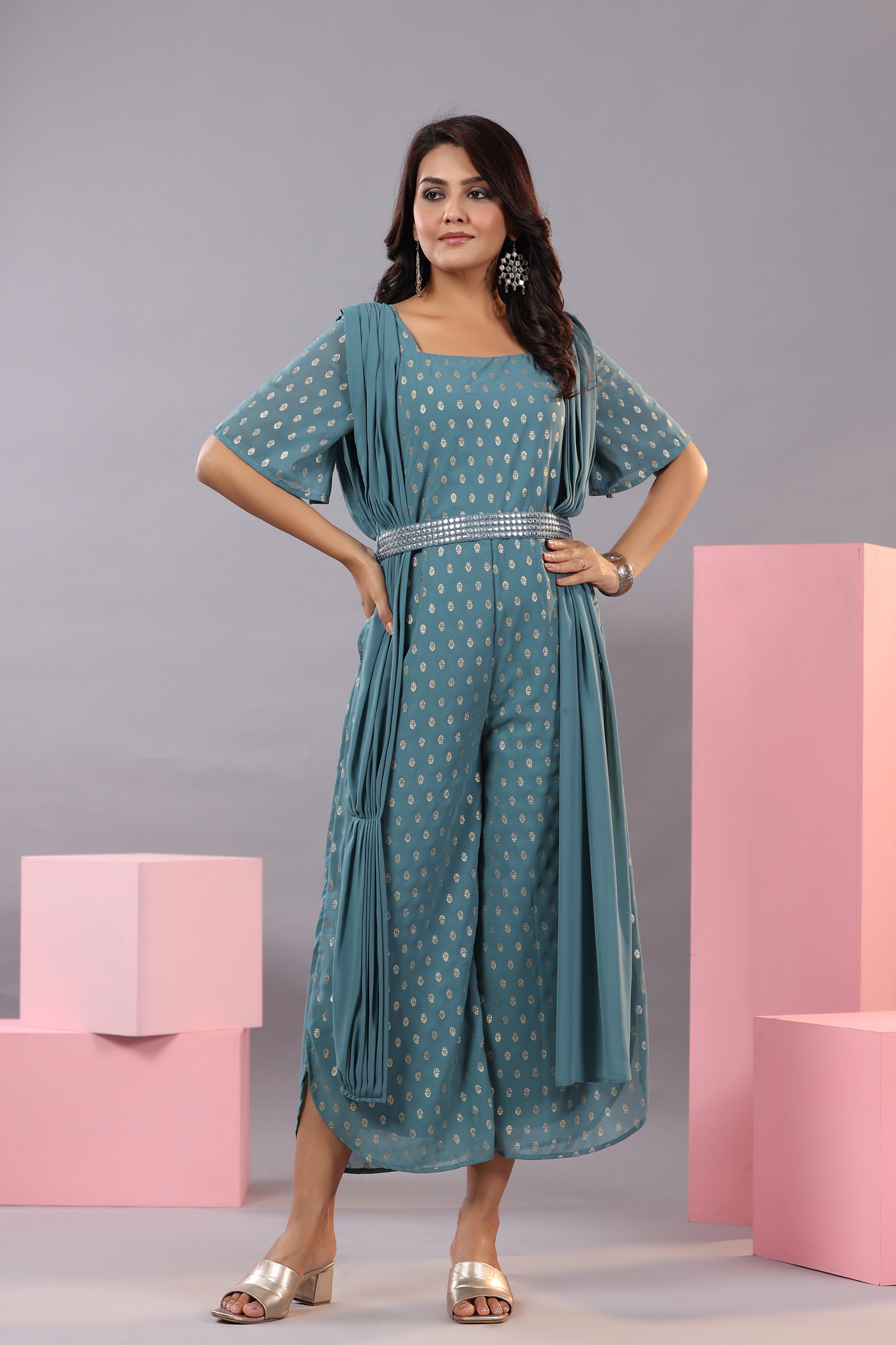 Juniper Women's Teal Georgette Foil Printed Draped Jumpsuit