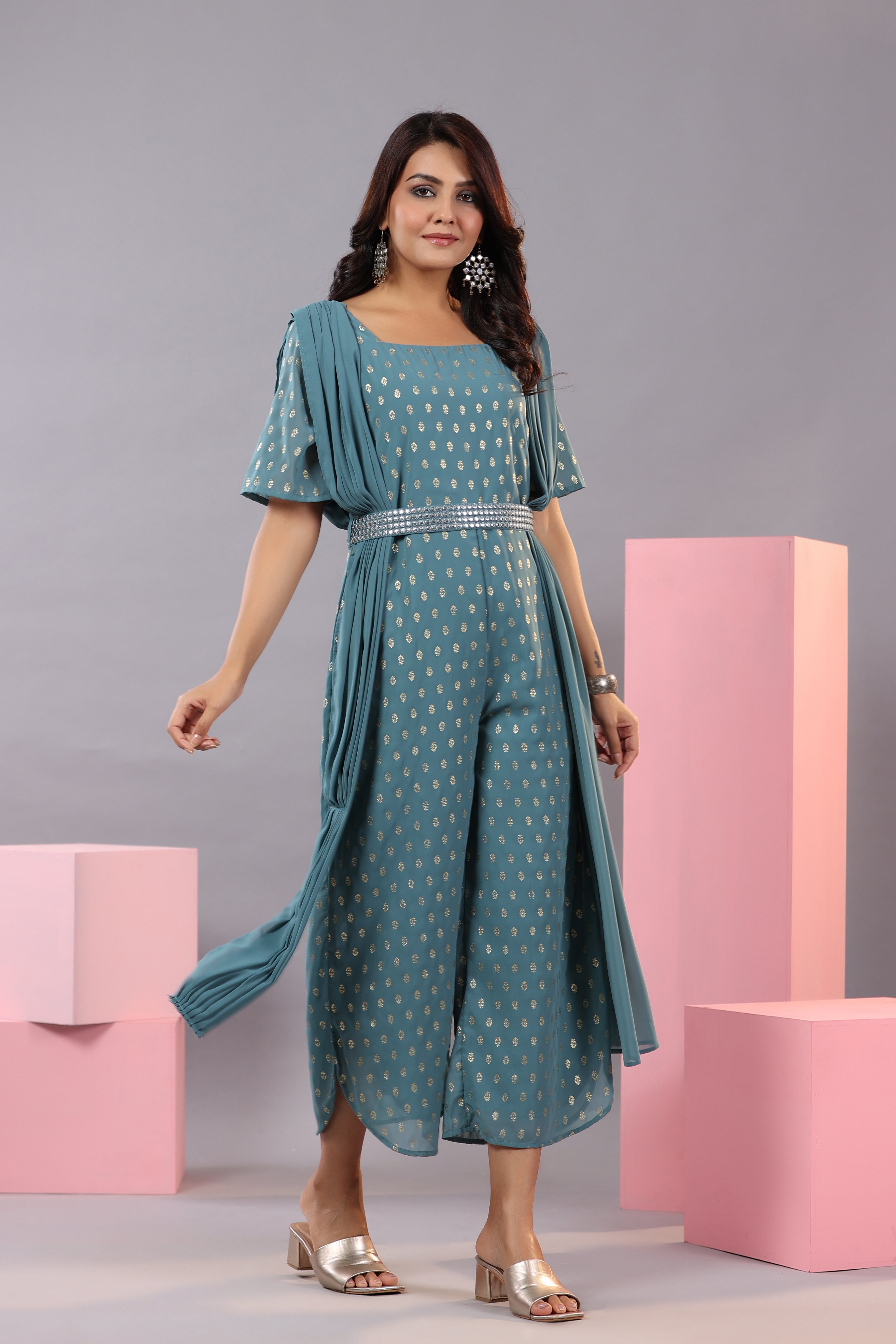 Juniper Women's Teal Georgette Foil Printed Draped Jumpsuit
