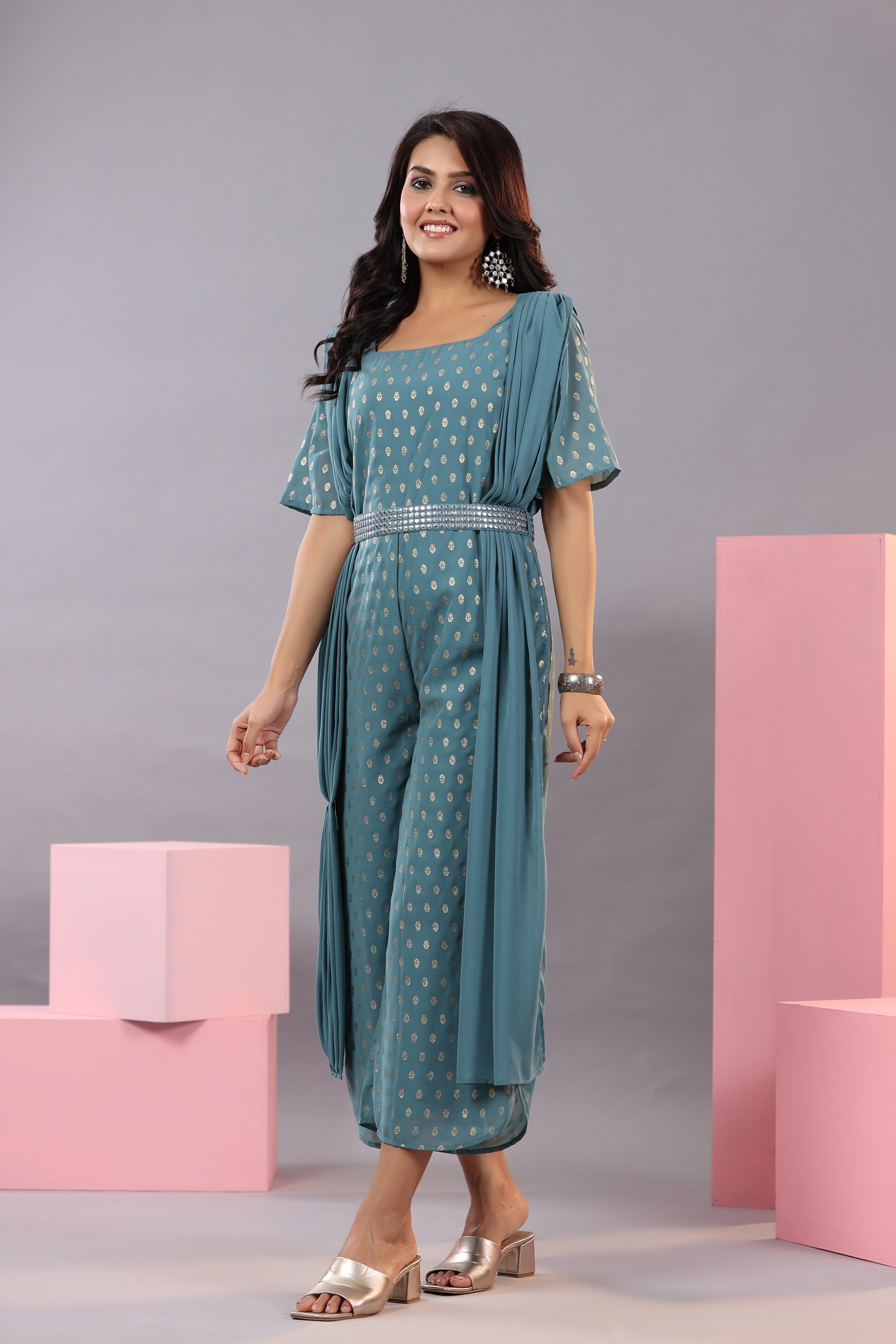 Juniper Women's Teal Georgette Foil Printed Draped Jumpsuit