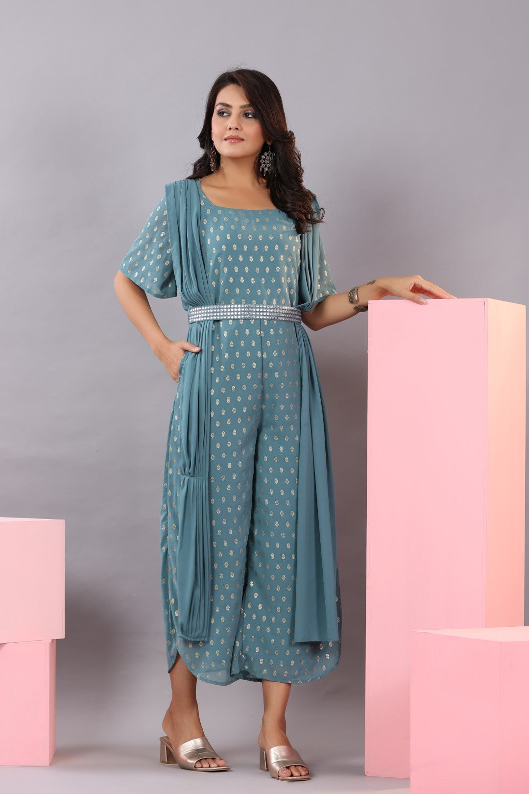 Georgette Printed Jumpsuit with Ethnic Motif, Square Neck & Half Sleeves