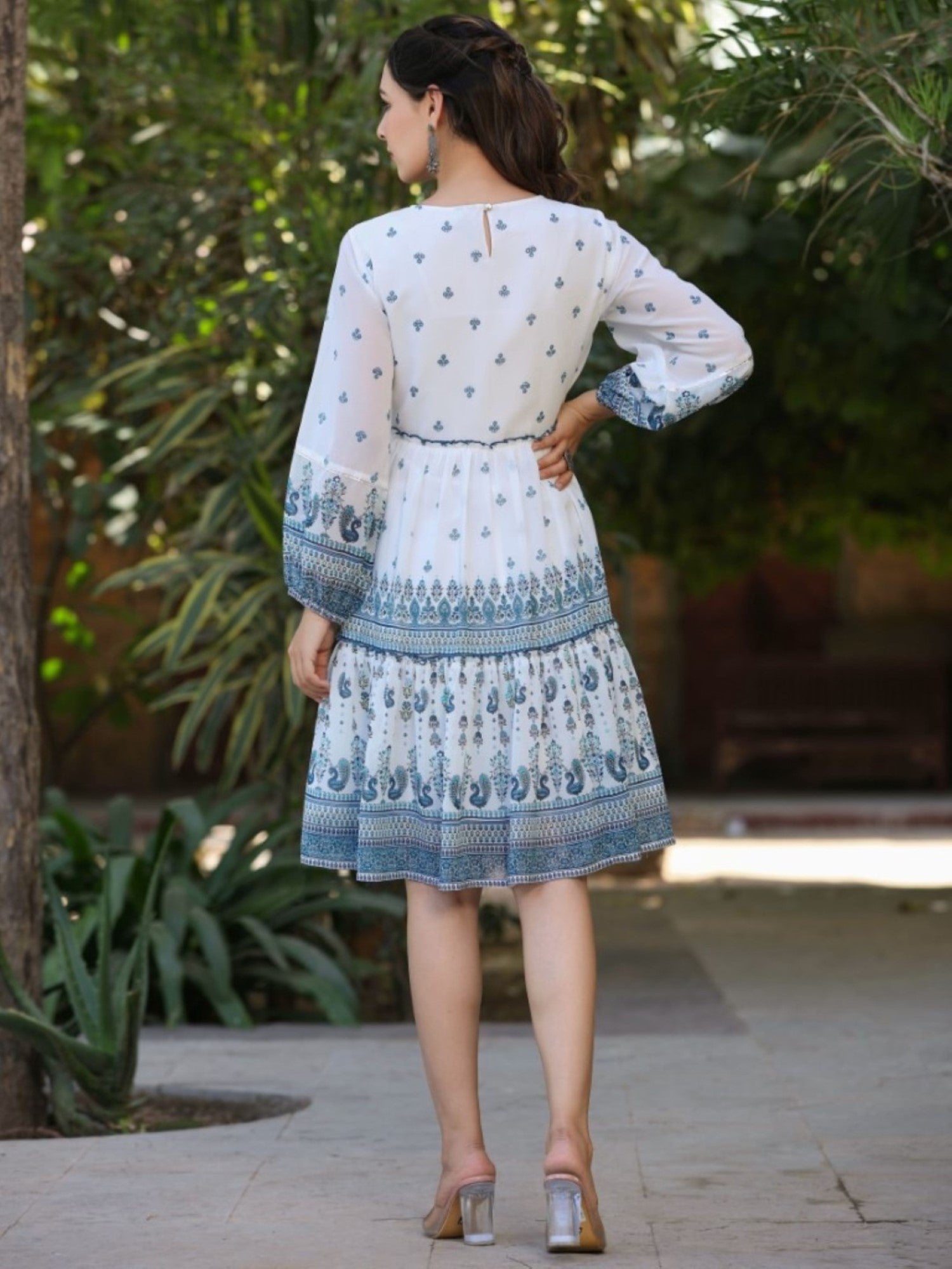 Juniper Women Off-White Georgette Printed Short Tiered Dress with Embroidered Yoke